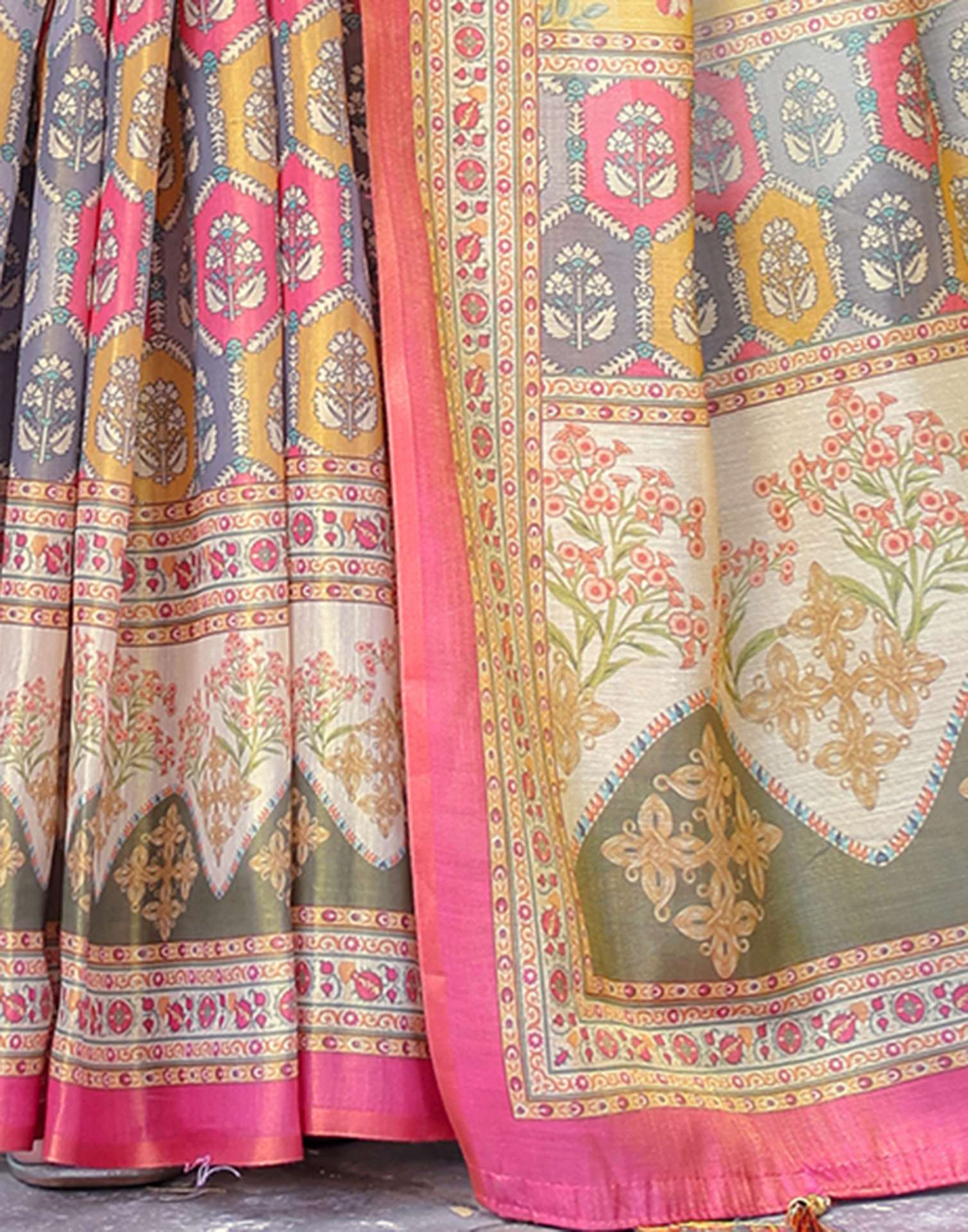 Yellow Shimmer Silk Printed Saree