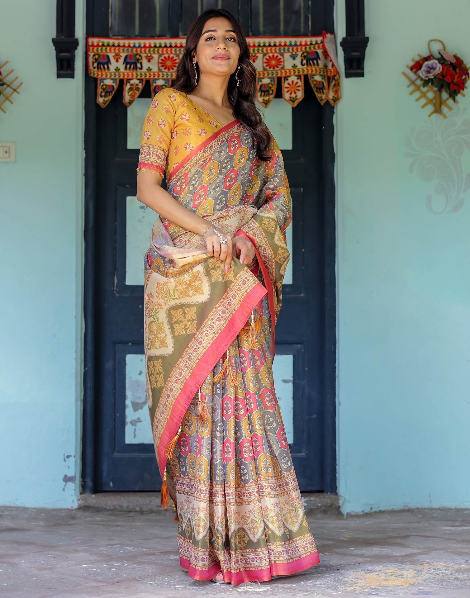 Yellow Shimmer Silk Printed Saree