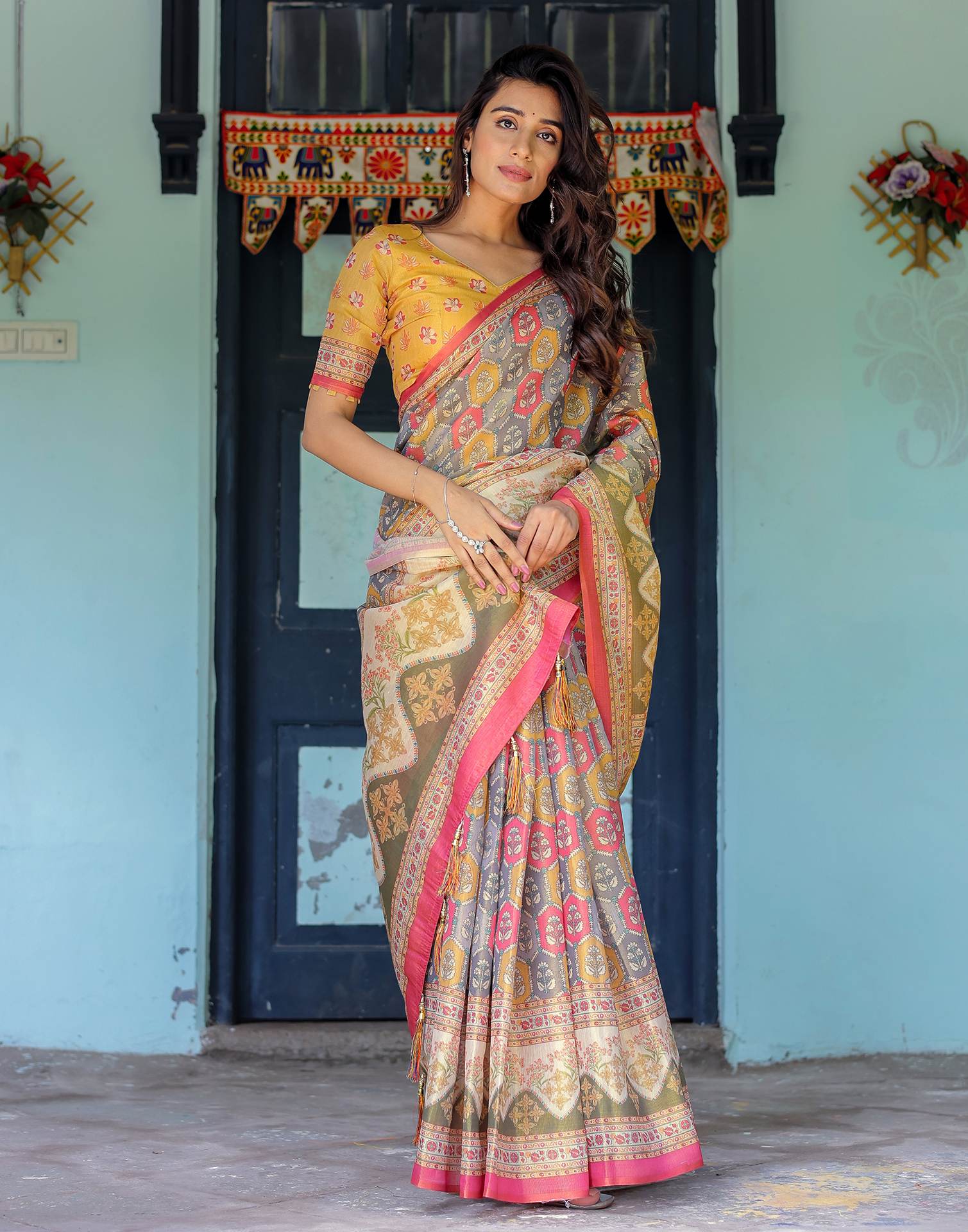 Yellow Shimmer Silk Printed Saree