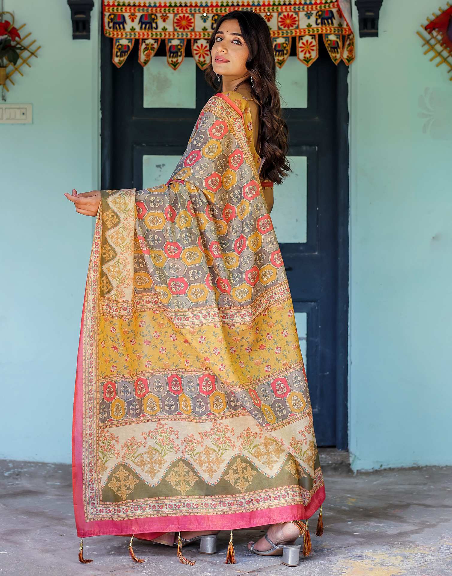 Yellow Shimmer Silk Printed Saree