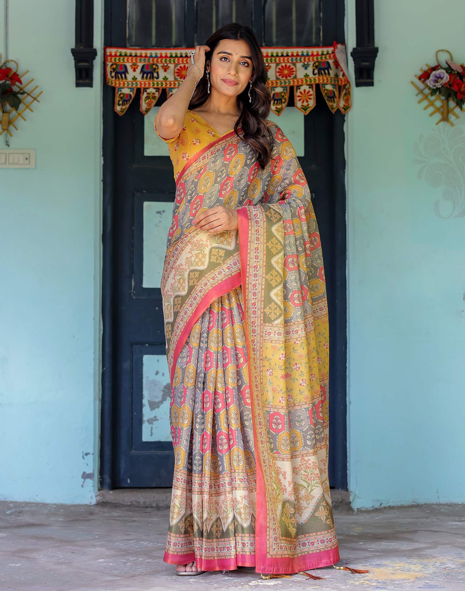 Yellow Shimmer Silk Printed Saree