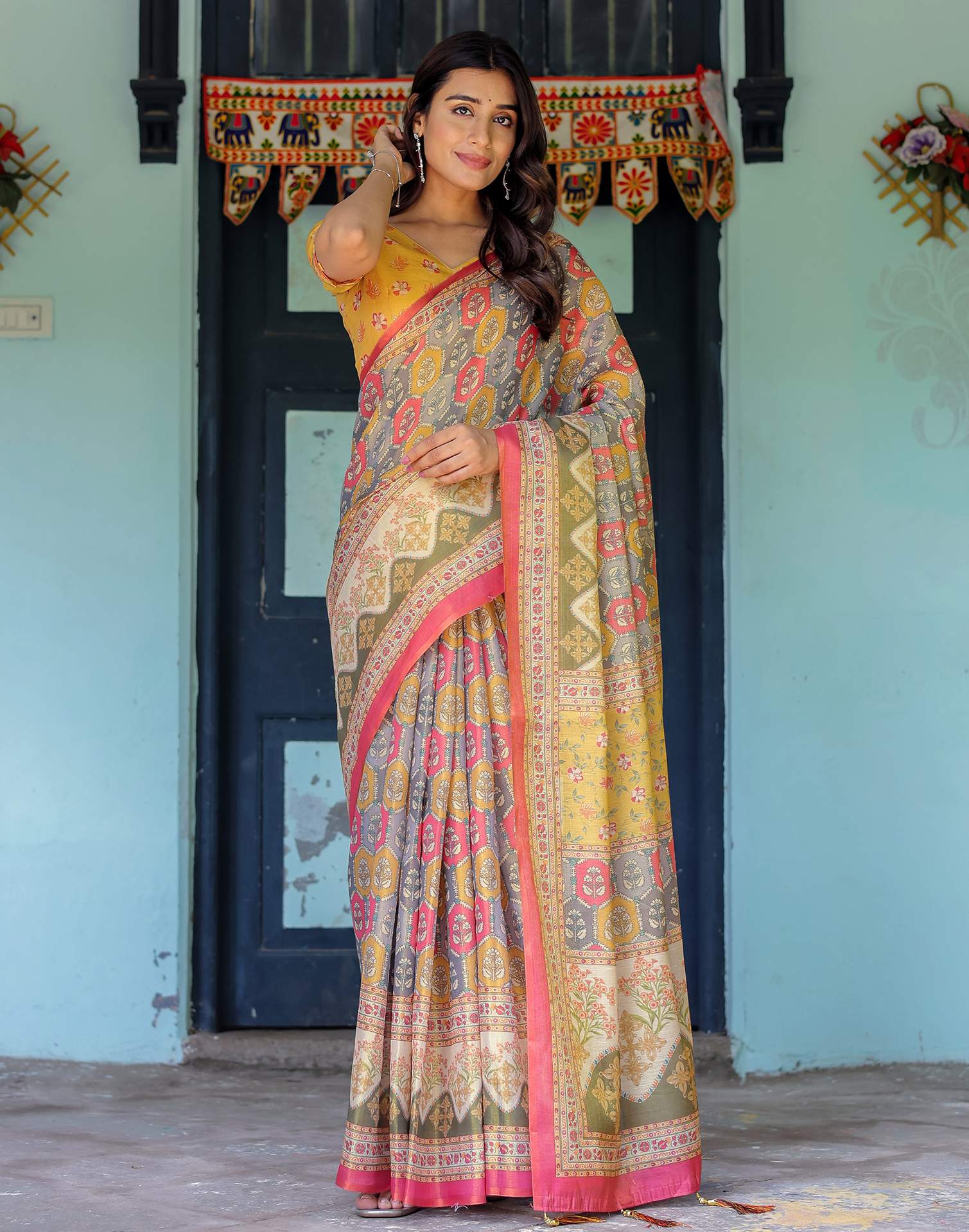Yellow Shimmer Silk Printed Saree