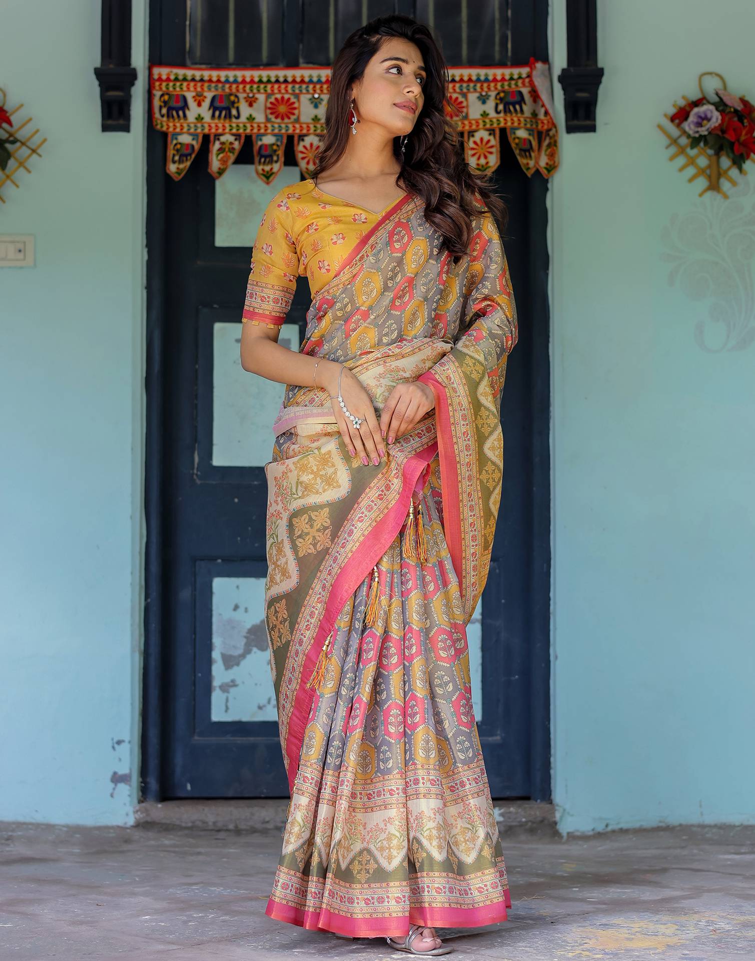 Yellow Shimmer Silk Printed Saree