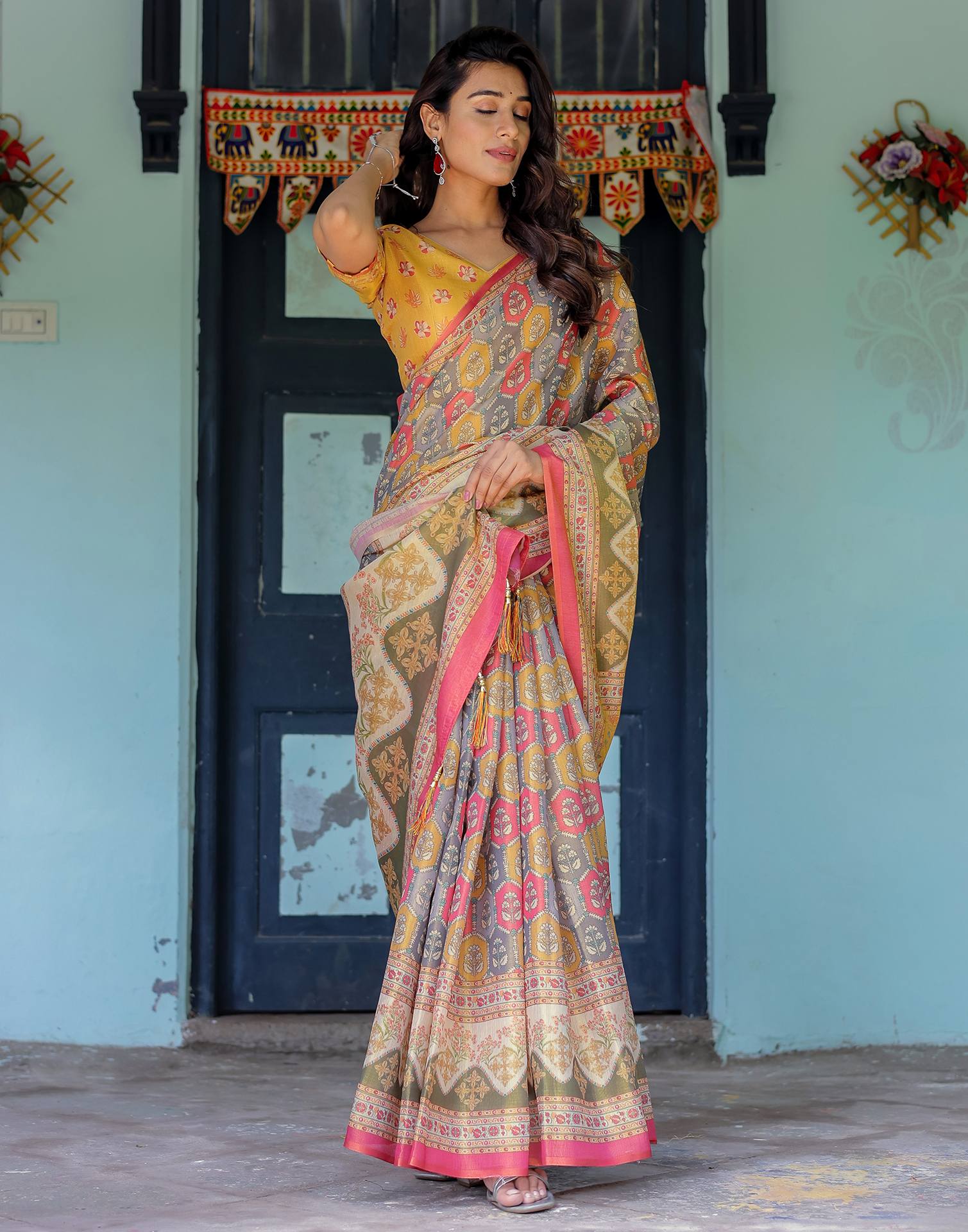 Yellow Shimmer Silk Printed Saree