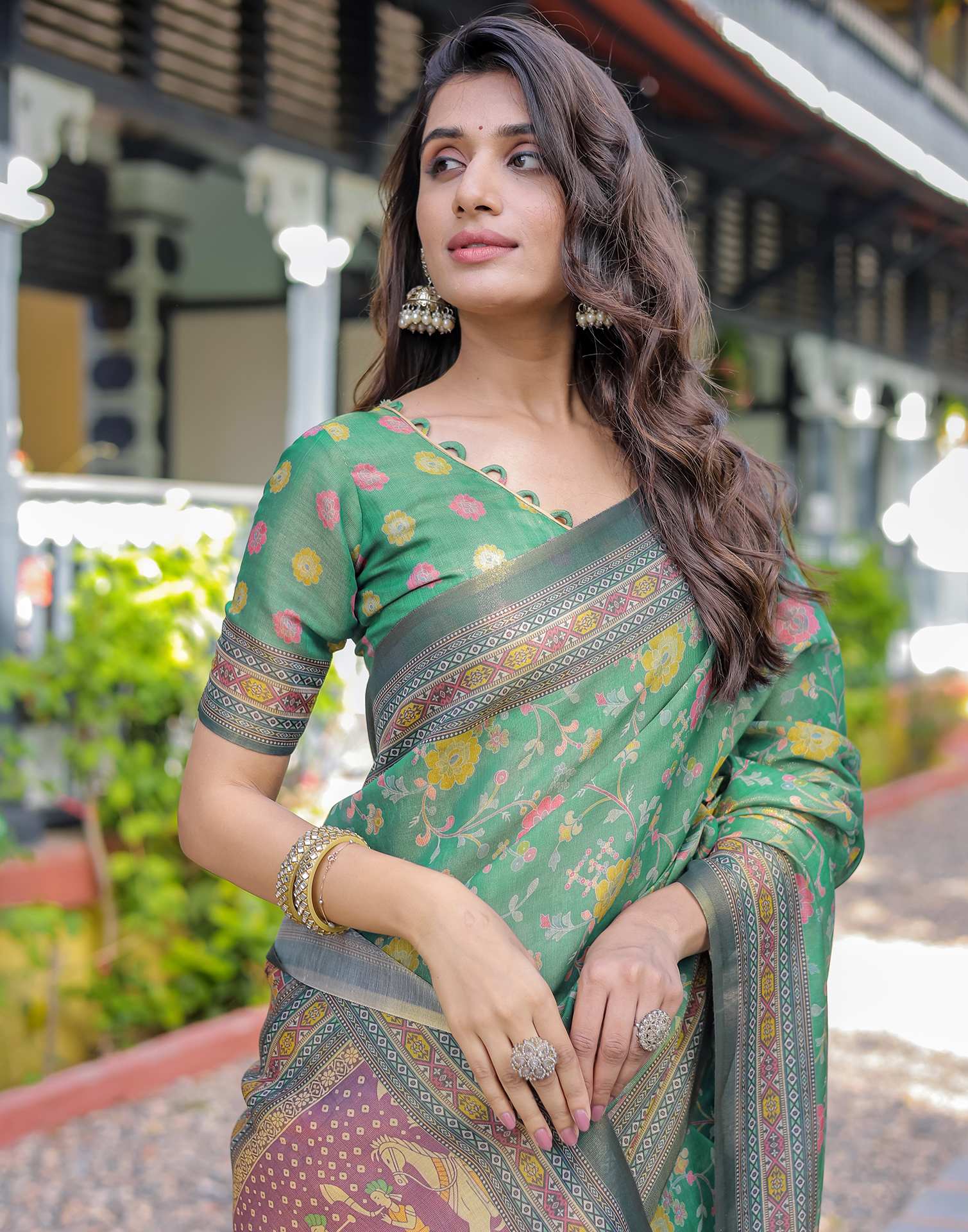 Teal Green Shimmer Silk Printed Saree