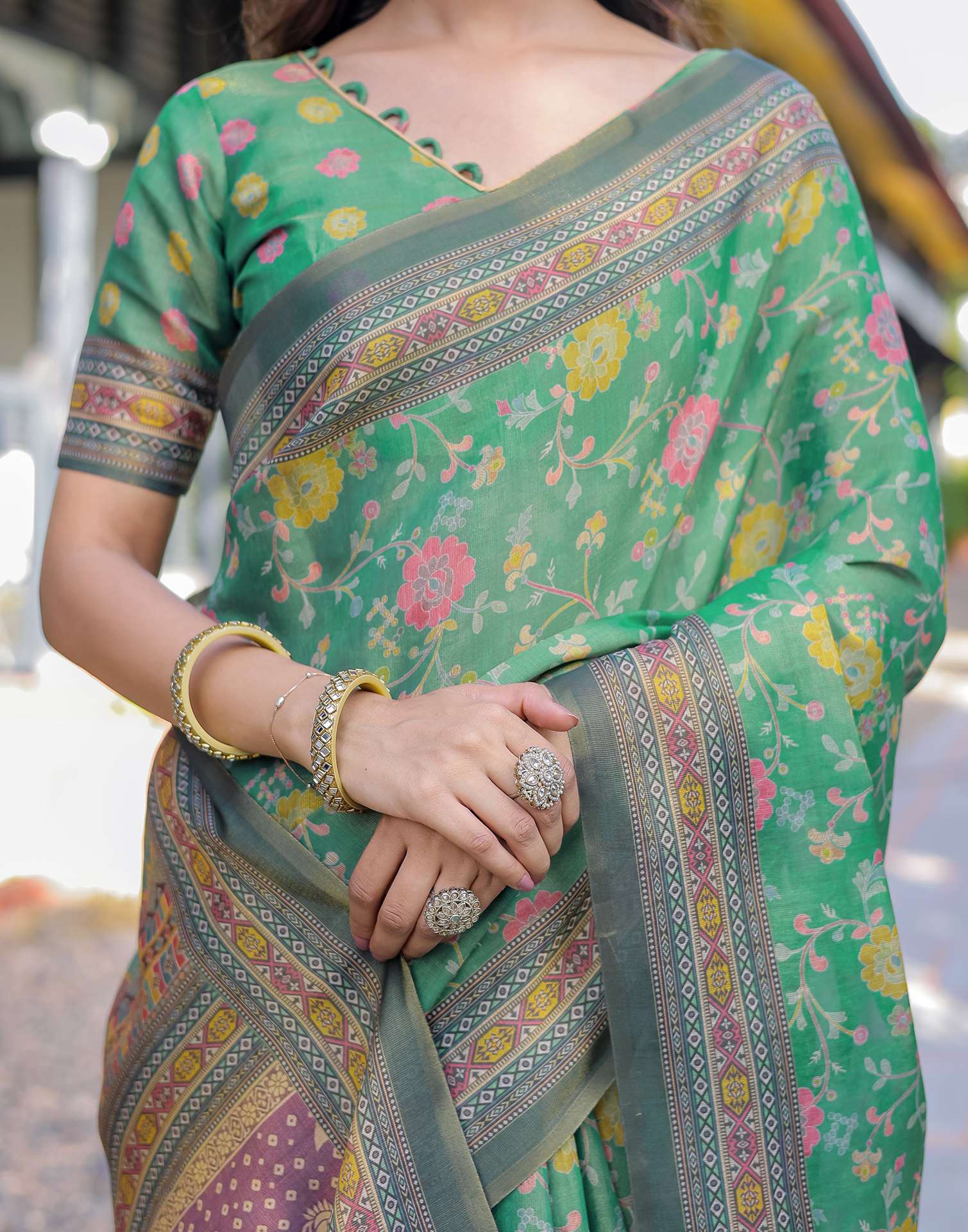 Teal Green Shimmer Silk Printed Saree