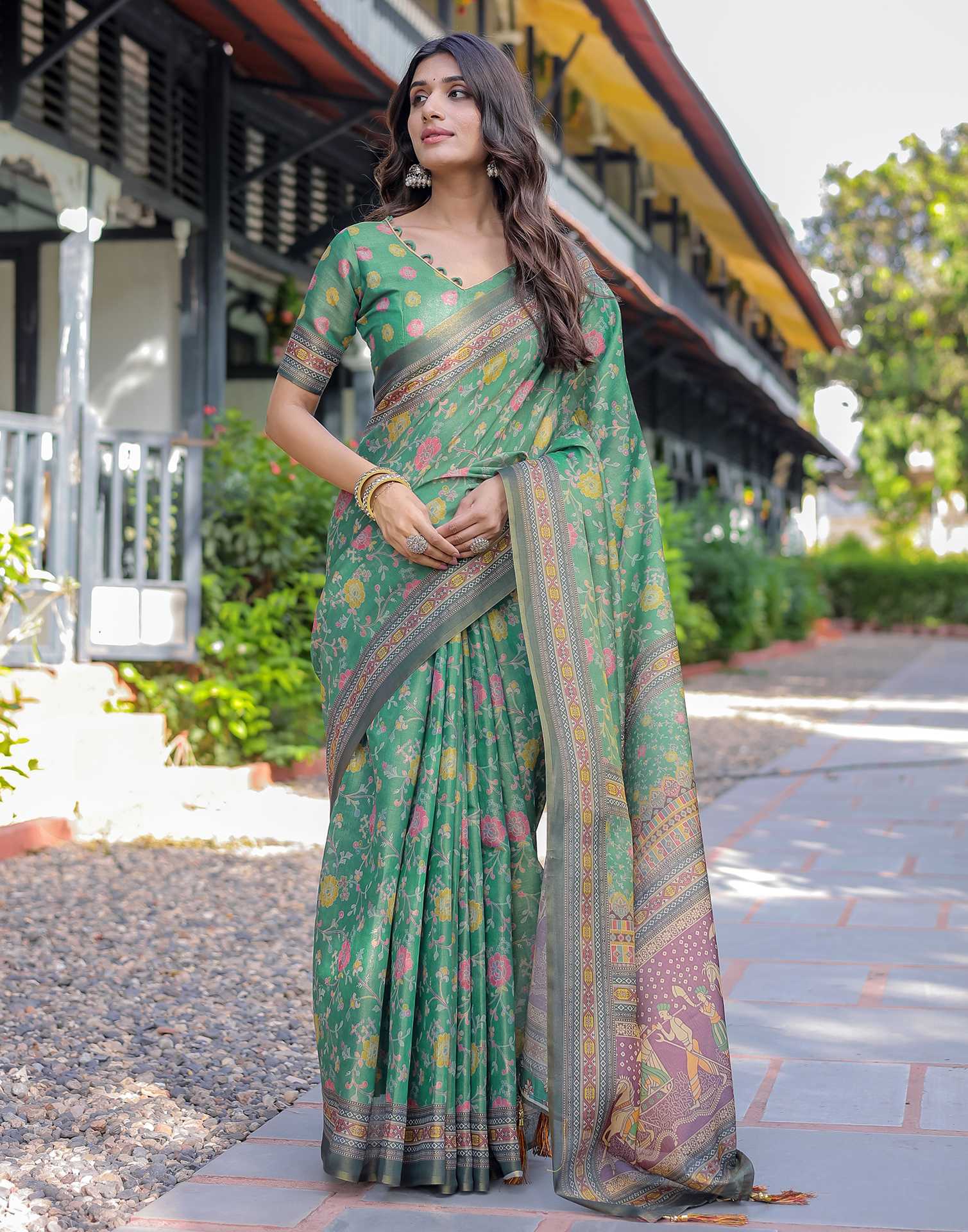 Teal Green Shimmer Silk Printed Saree