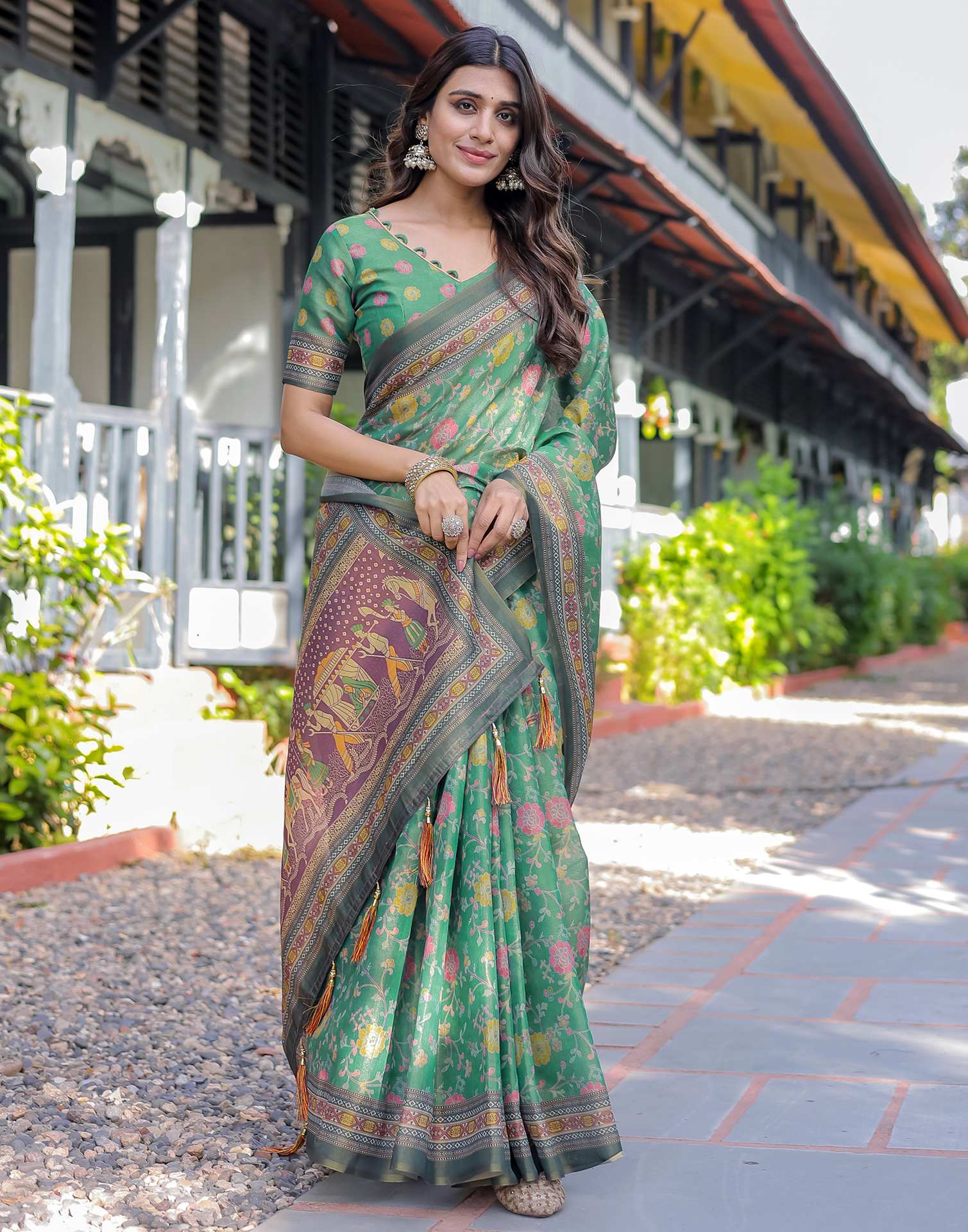Teal Green Shimmer Silk Printed Saree