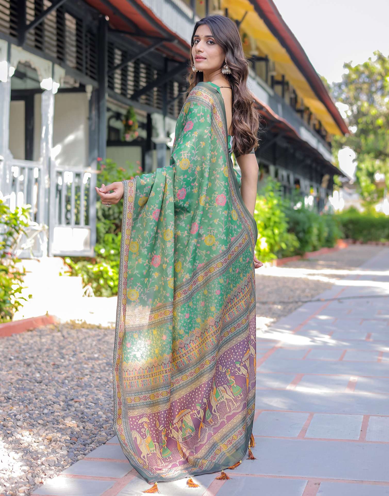 Teal Green Shimmer Silk Printed Saree