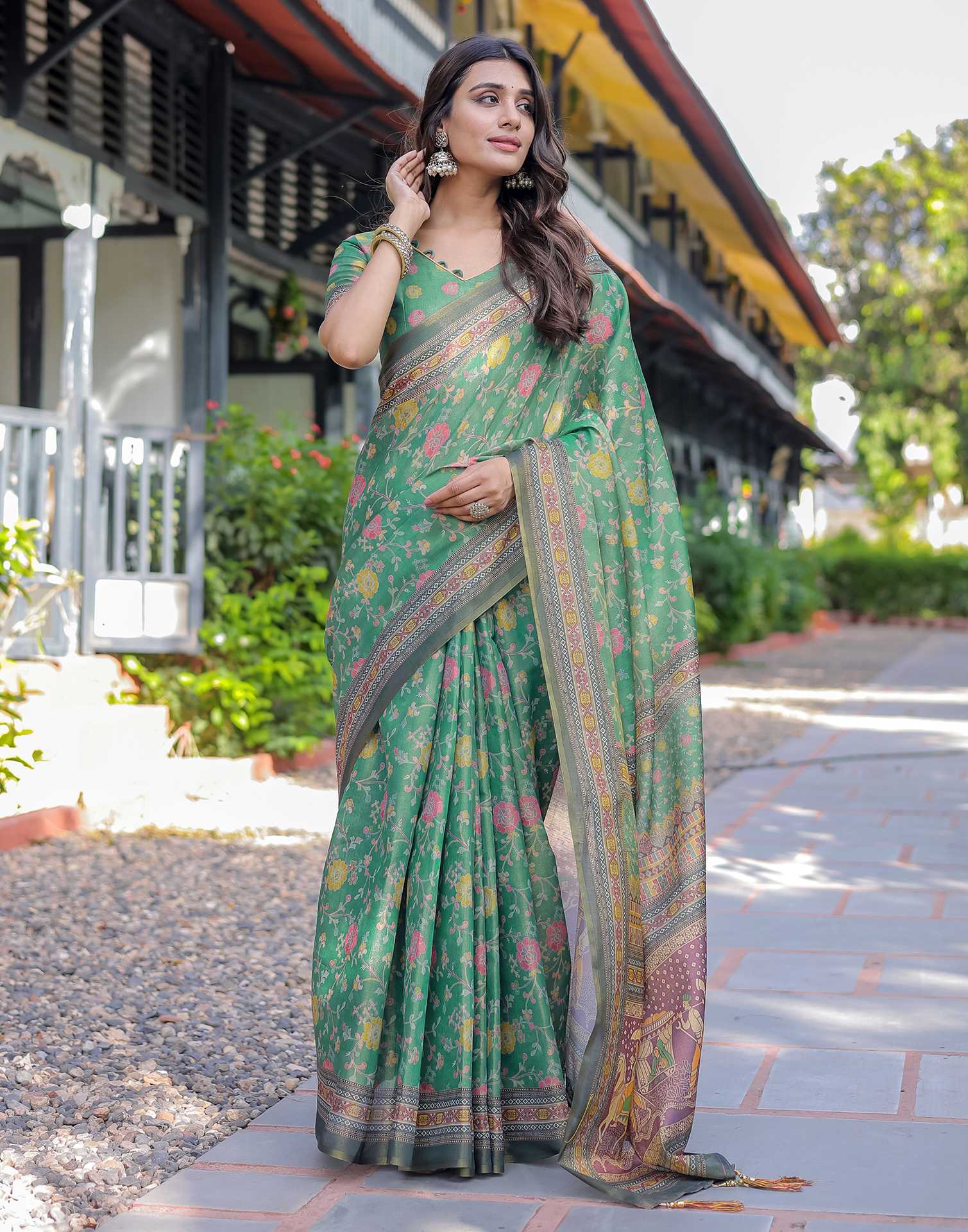 Teal Green Shimmer Silk Printed Saree