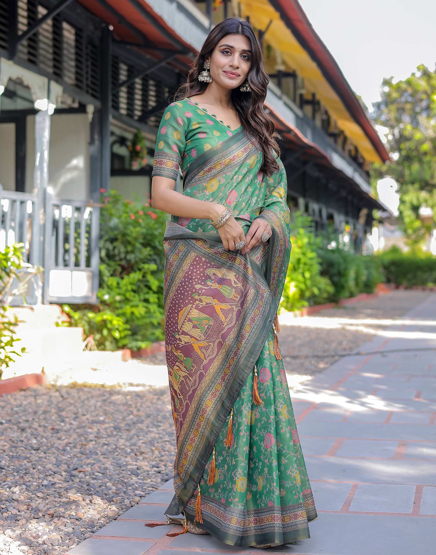 Teal Green Shimmer Silk Printed Saree
