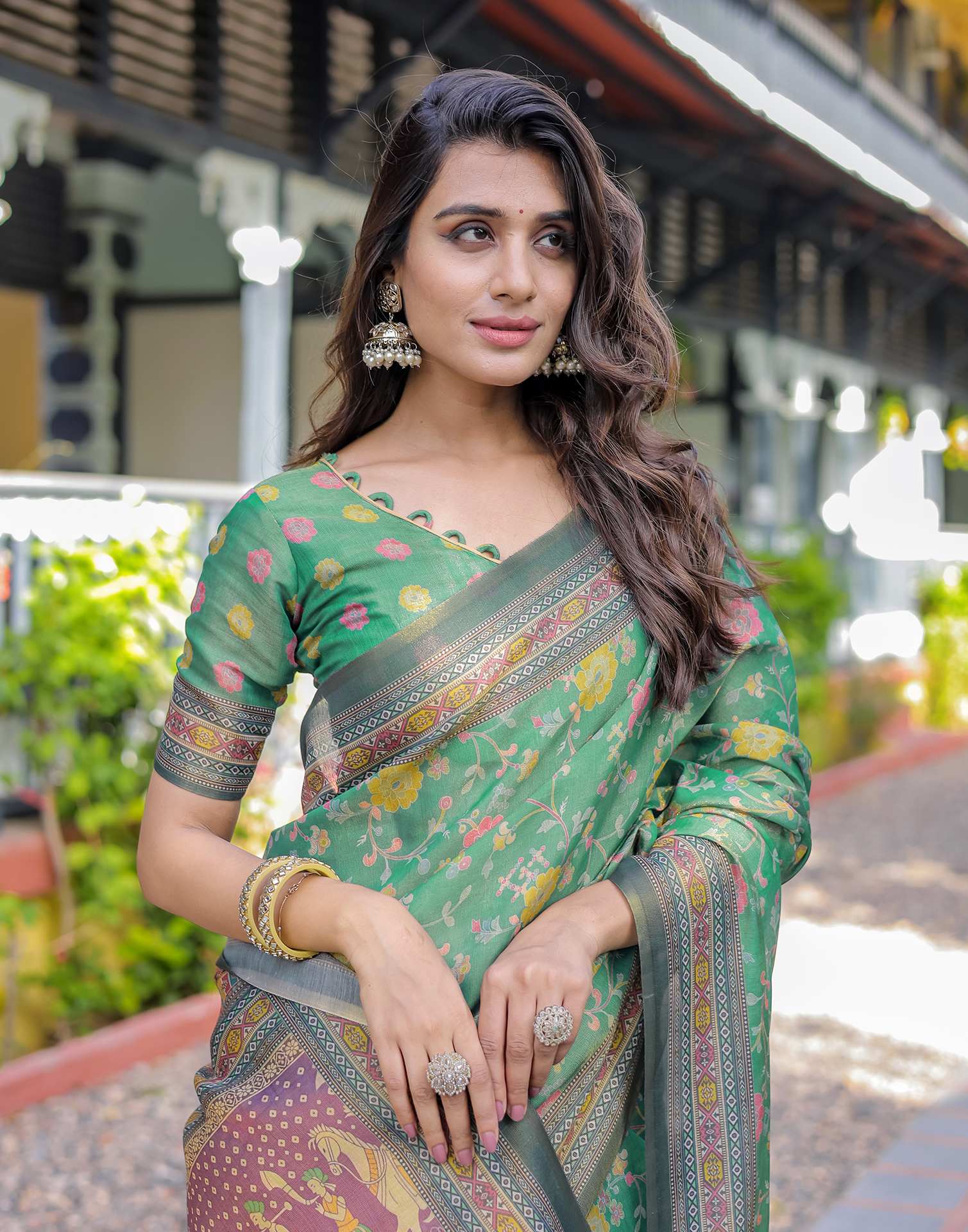 Teal Green Shimmer Silk Printed Saree