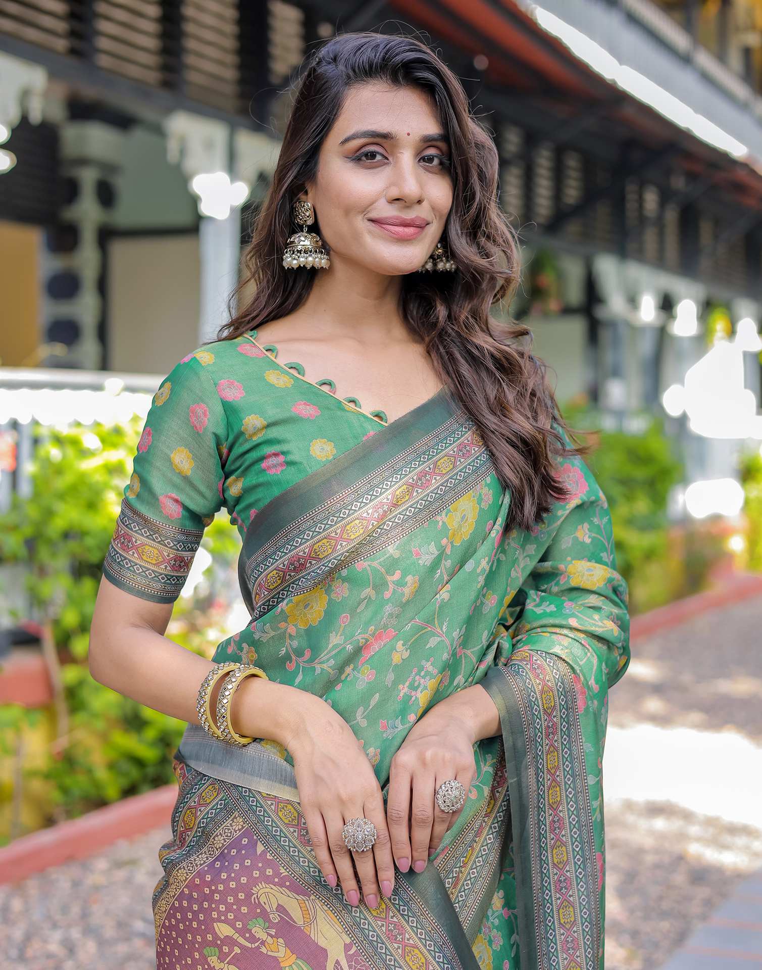 Teal Green Shimmer Silk Printed Saree