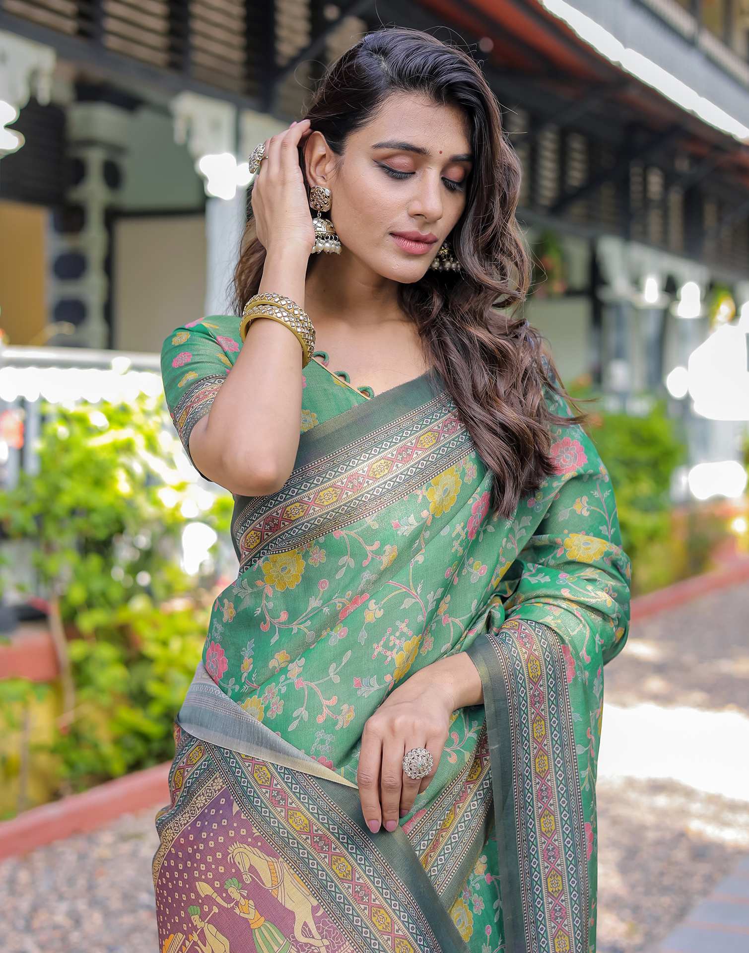 Teal Green Shimmer Silk Printed Saree