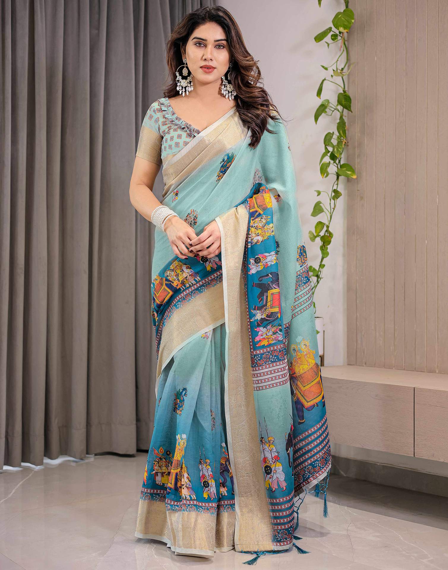 Pista Green Linen Printed Saree