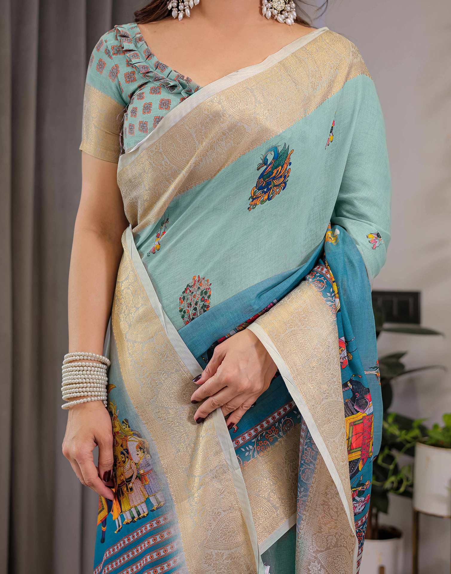 Pista Green Linen Printed Saree