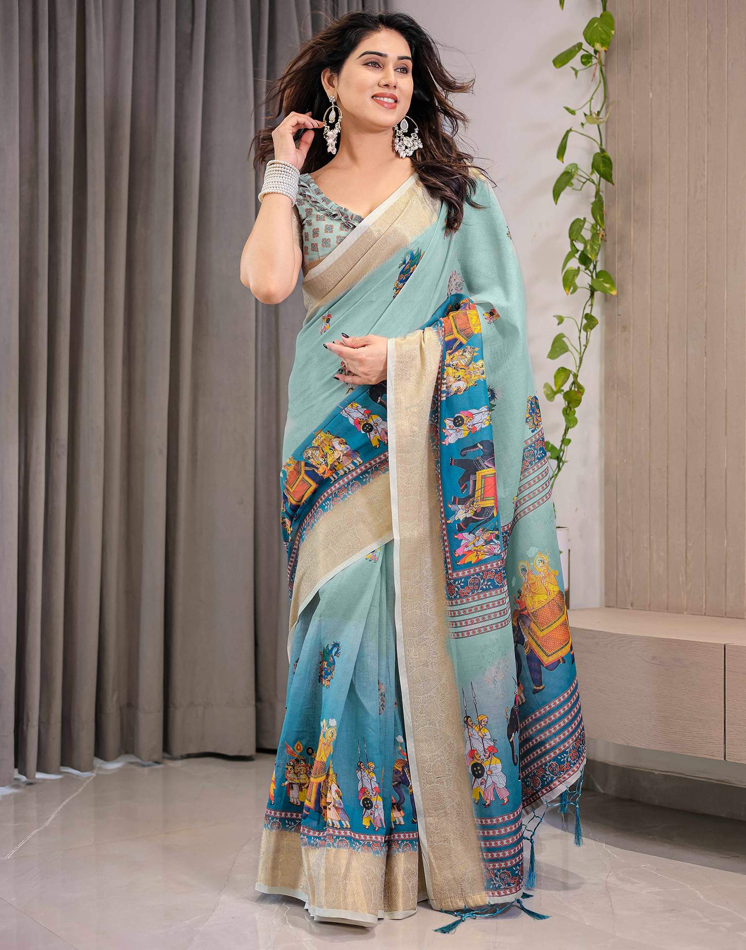 Pista Green Linen Printed Saree