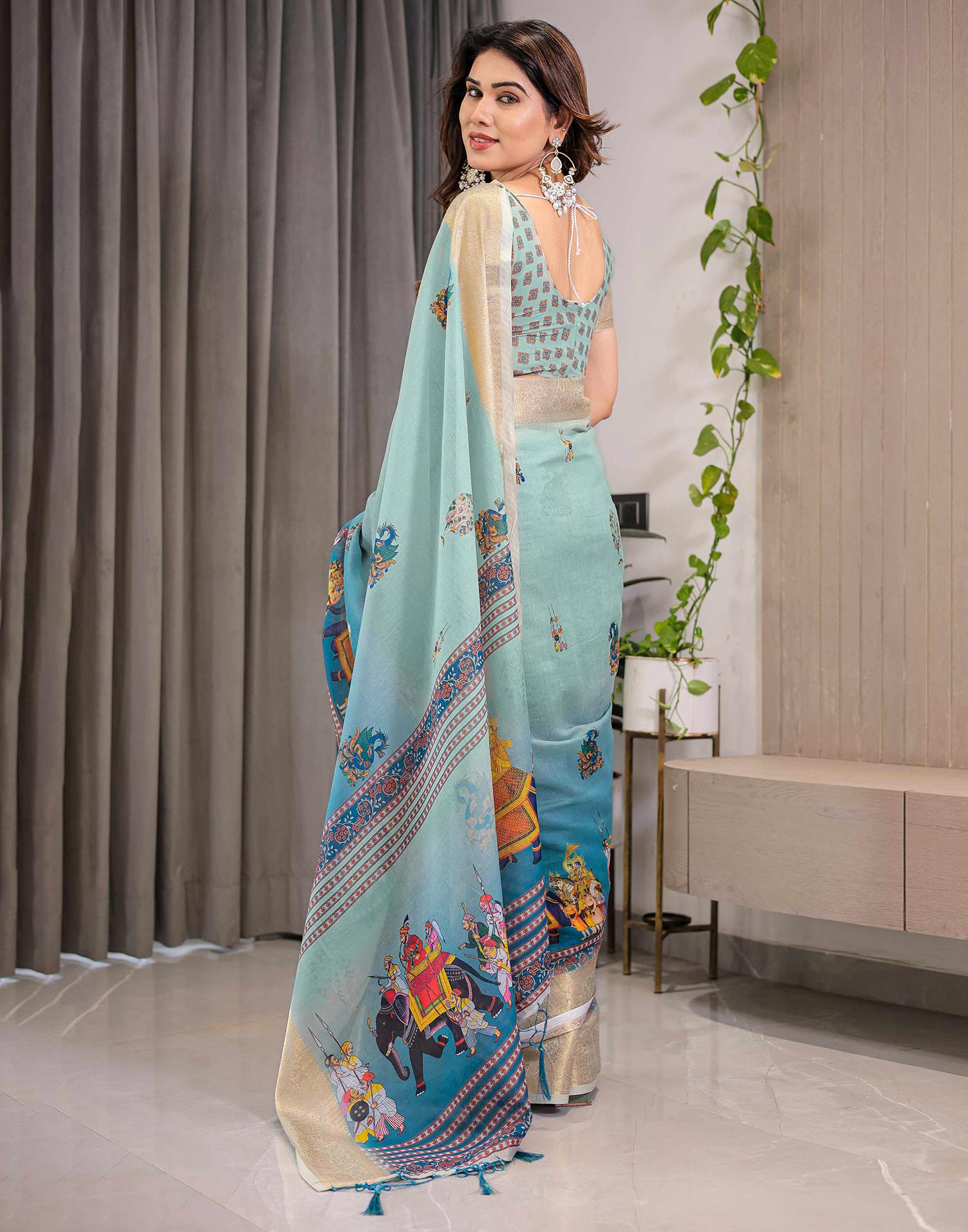 Pista Green Linen Printed Saree