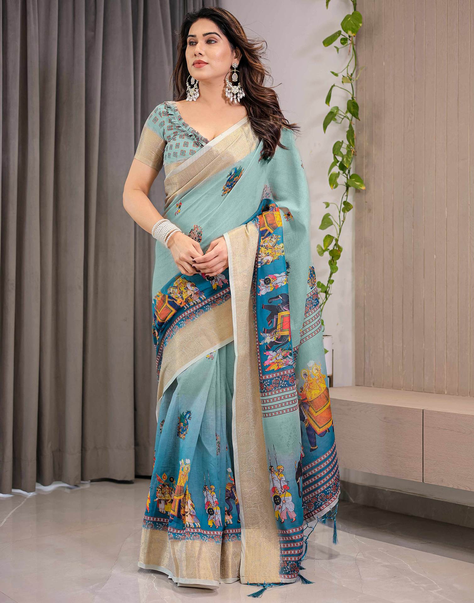 Pista Green Linen Printed Saree