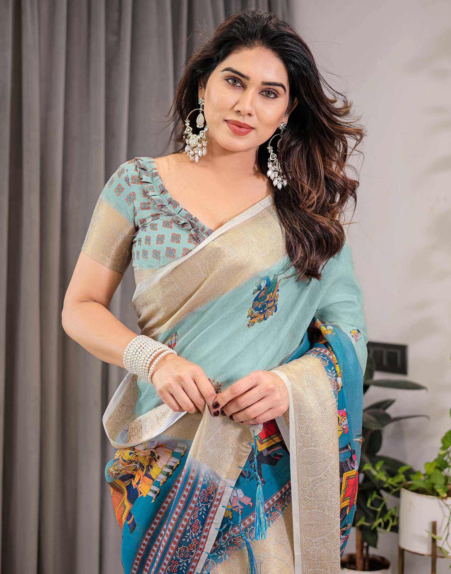 Pista Green Linen Printed Saree
