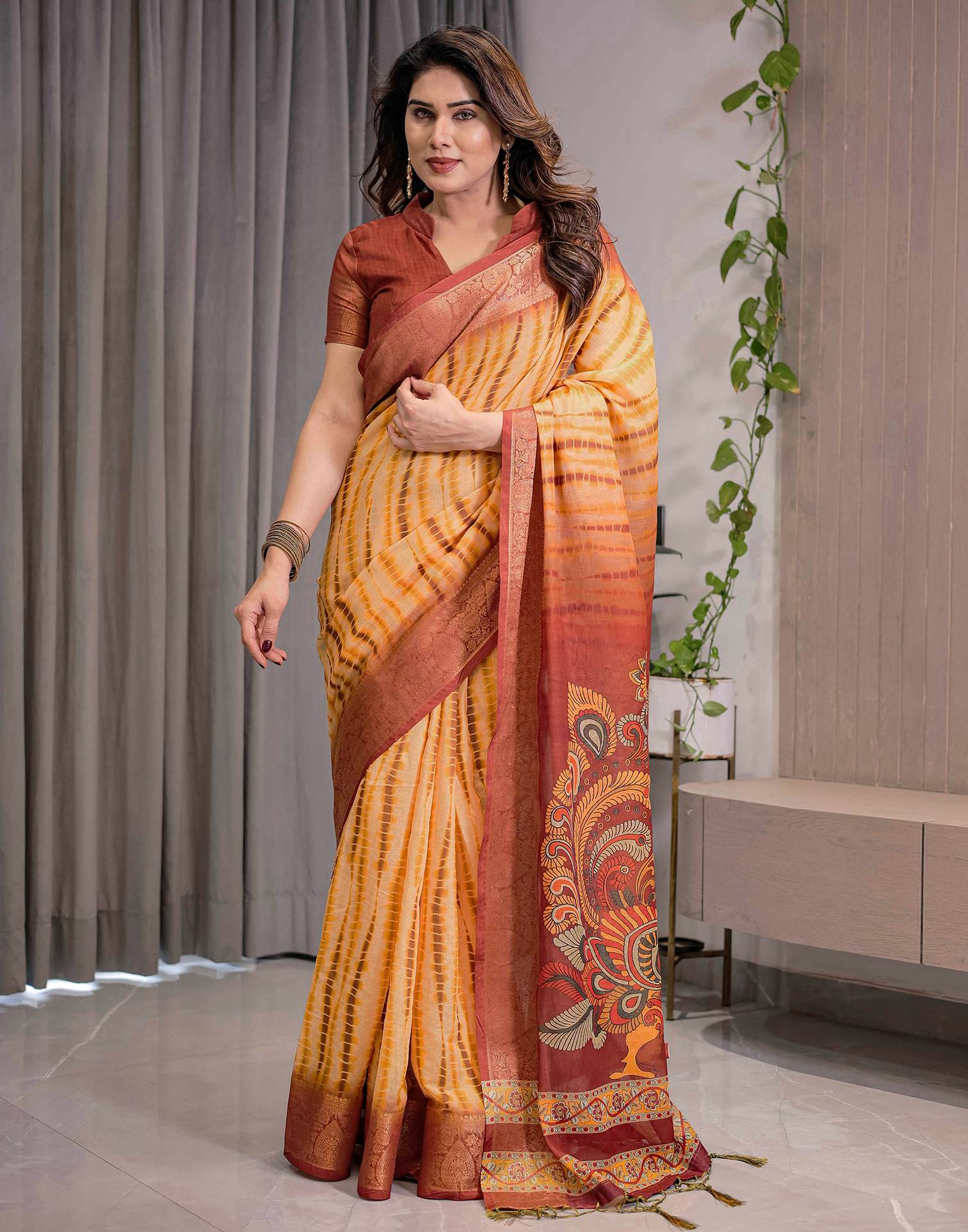 Light Yellow Linen Printed Saree