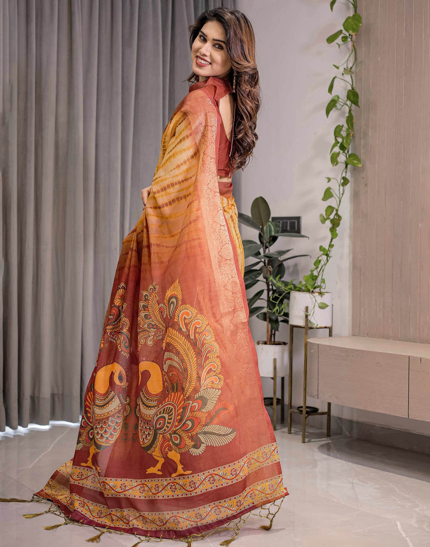 Light Yellow Linen Printed Saree