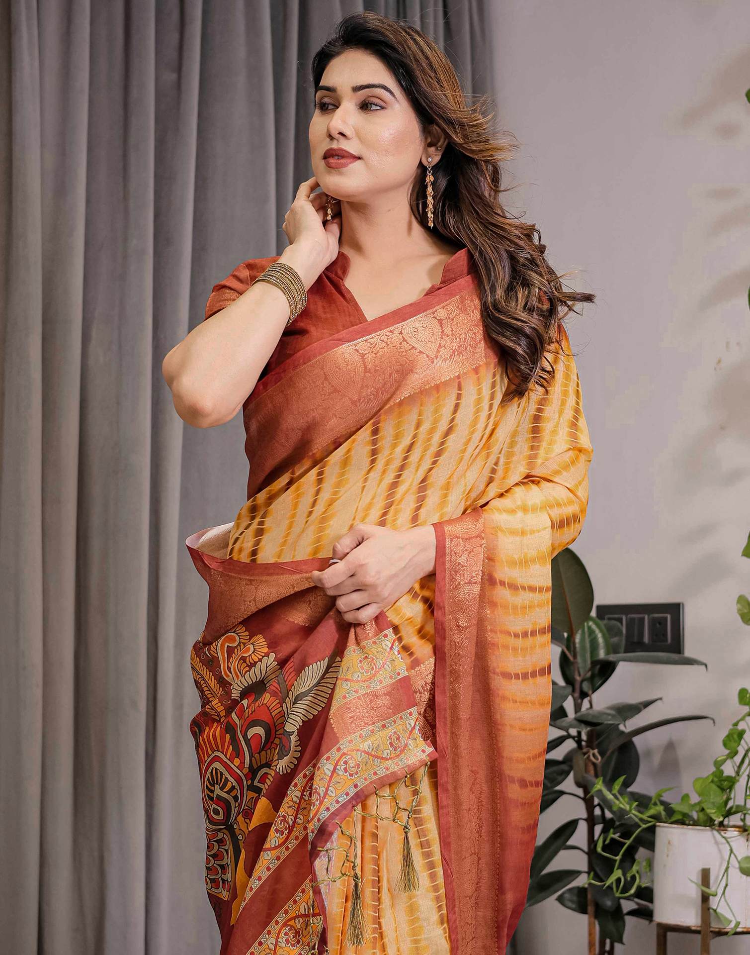 Light Yellow Linen Printed Saree