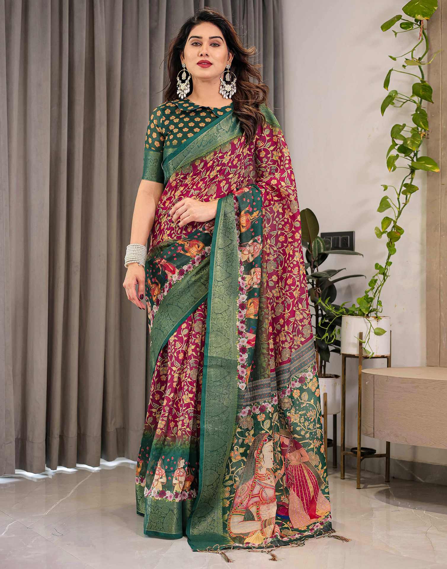 Red Linen Printed Saree