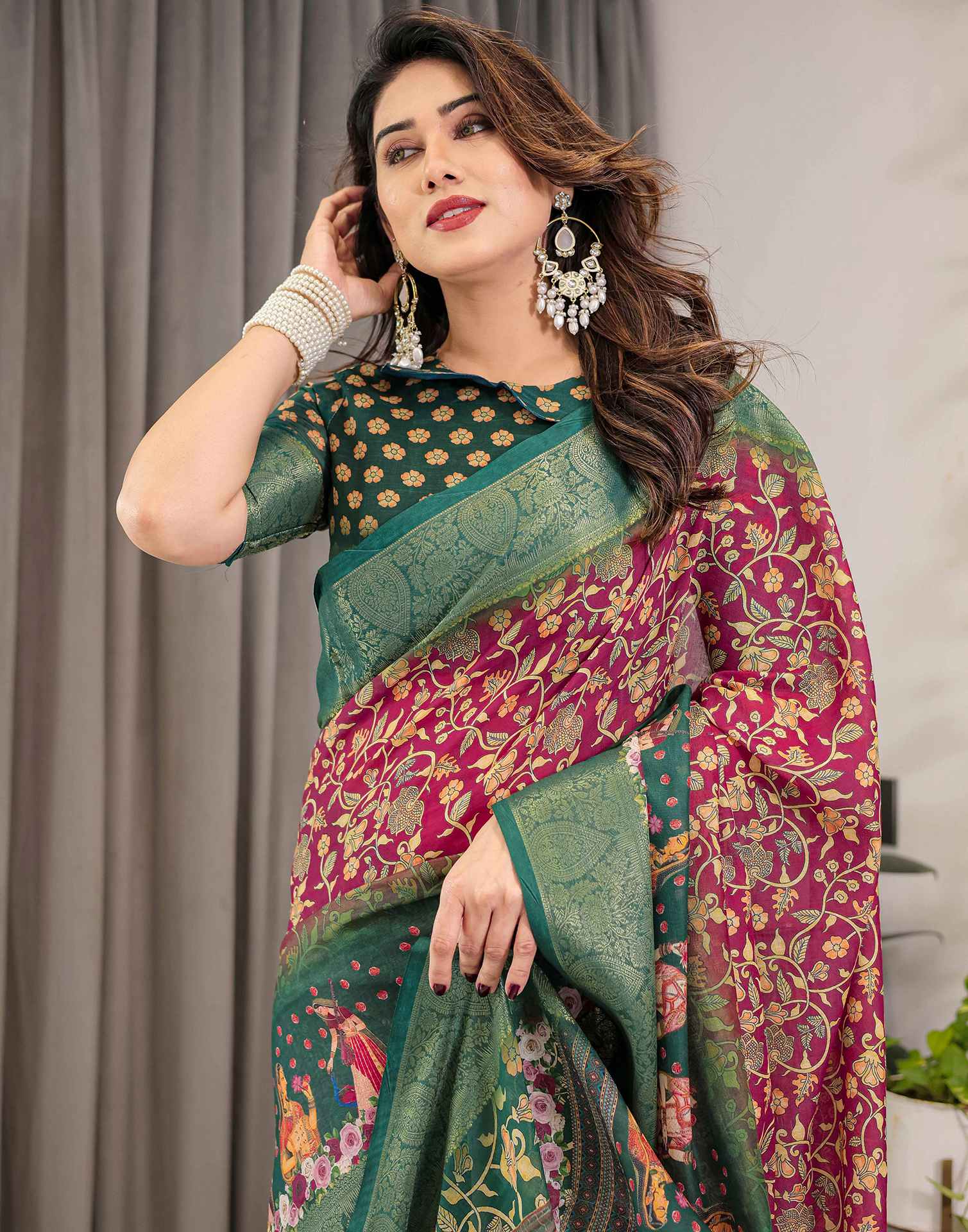 Red Linen Printed Saree