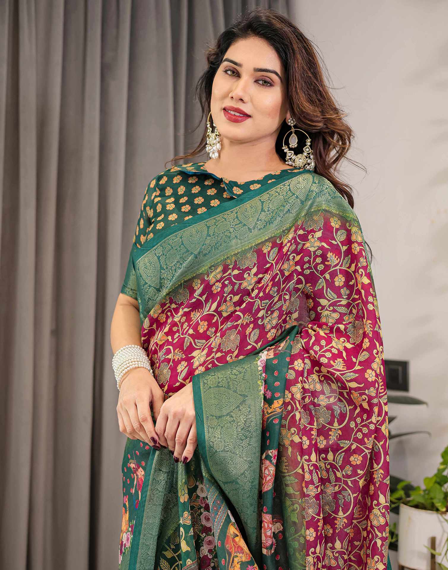 Red Linen Printed Saree