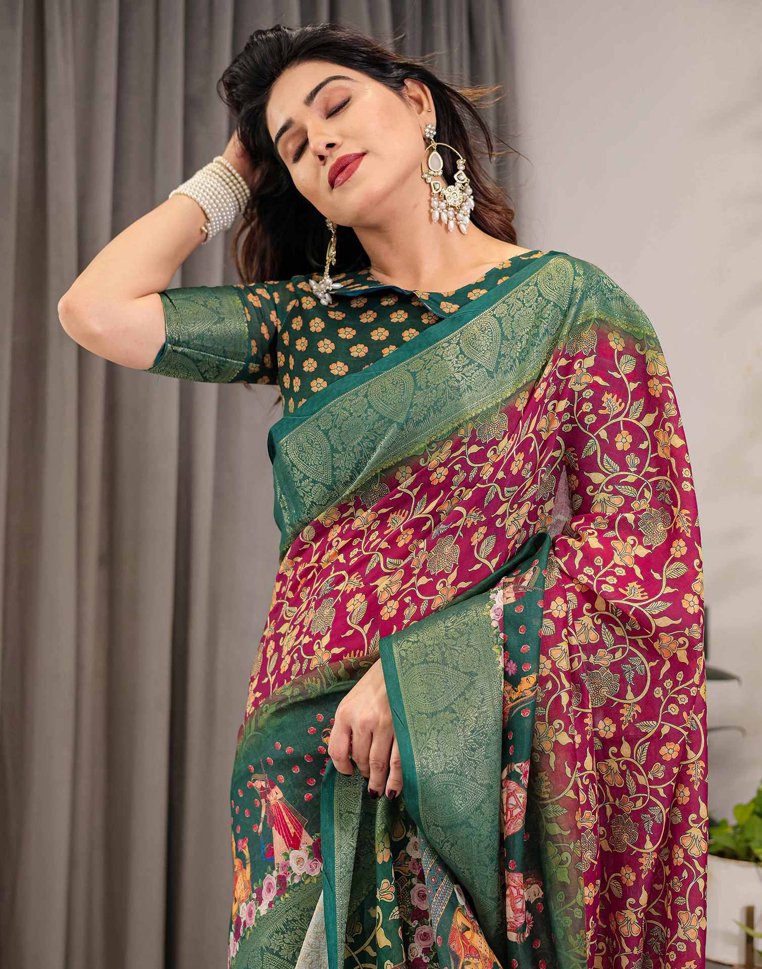 Red Linen Printed Saree