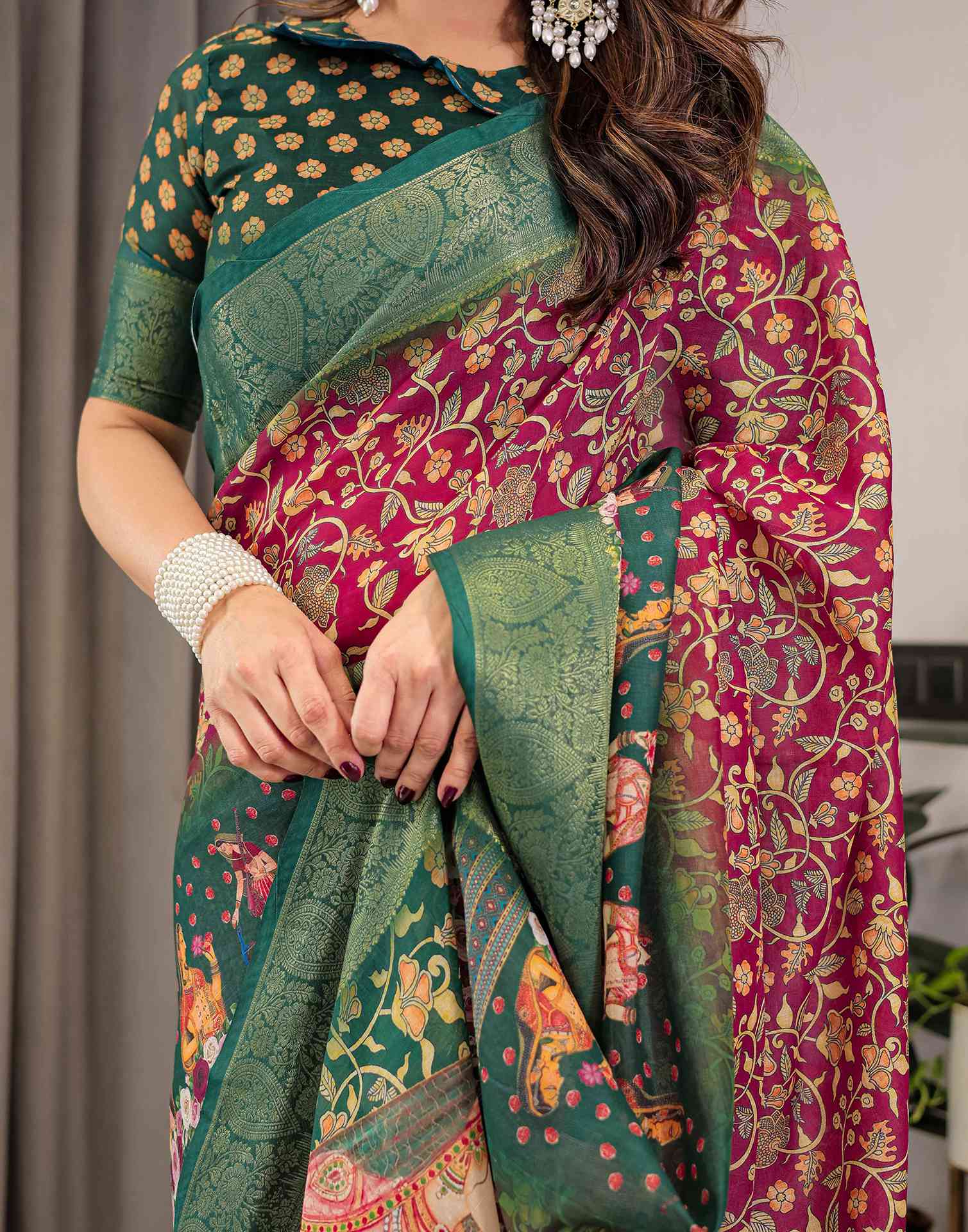 Red Linen Printed Saree