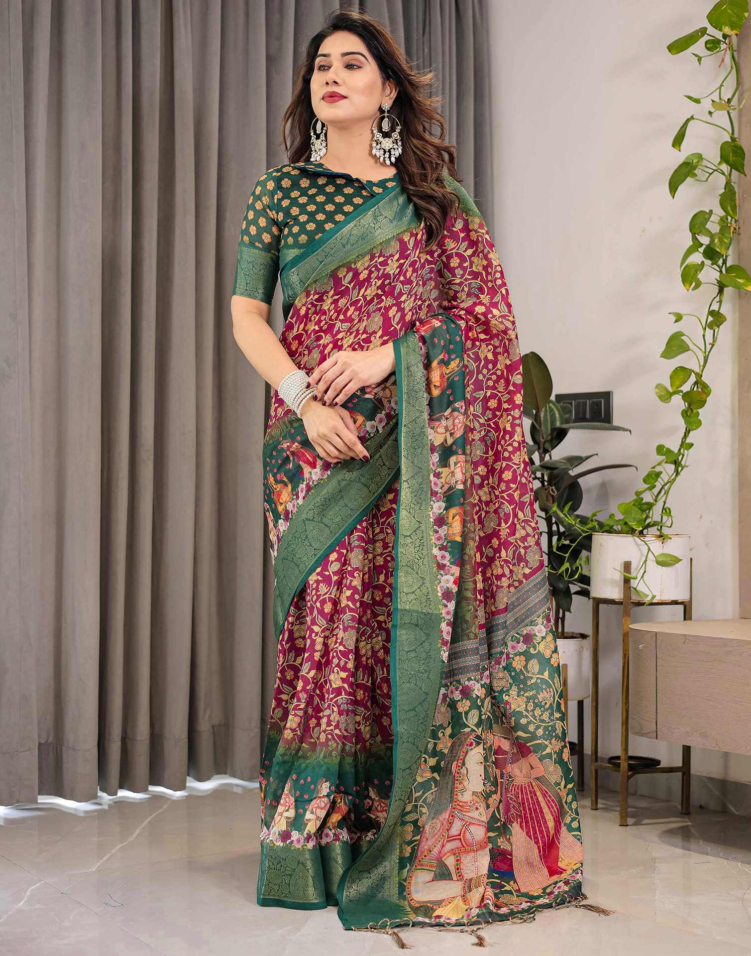 Red Linen Printed Saree
