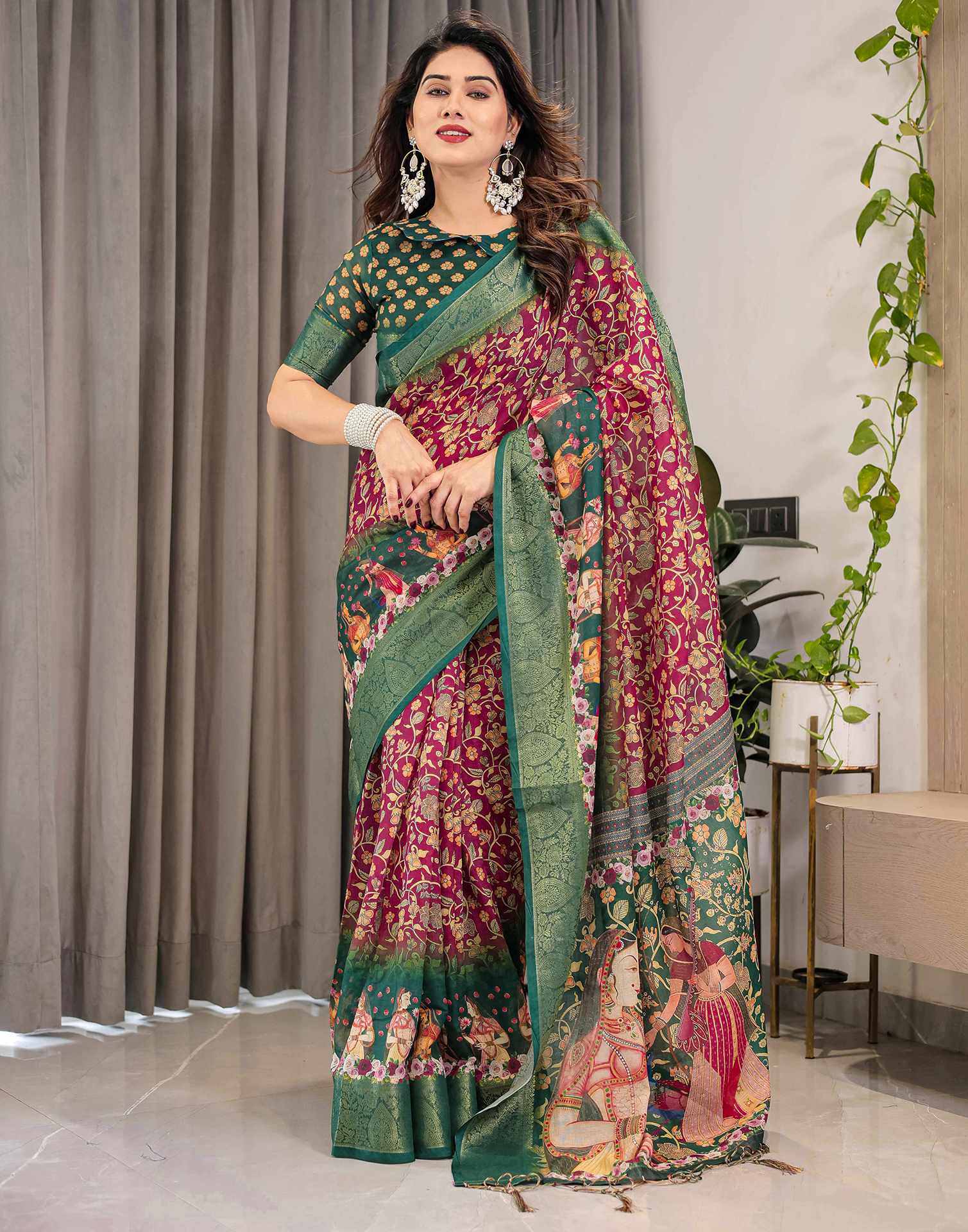 Red Linen Printed Saree