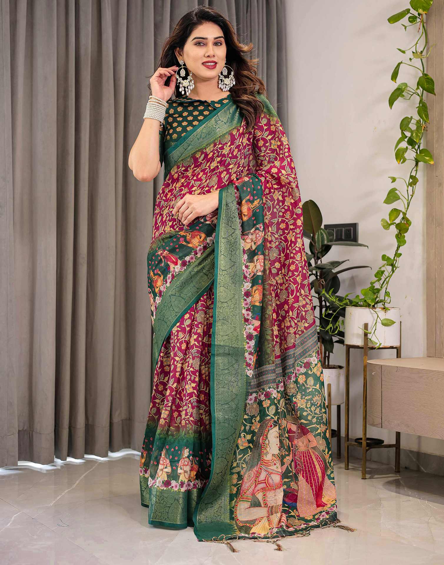 Red Linen Printed Saree