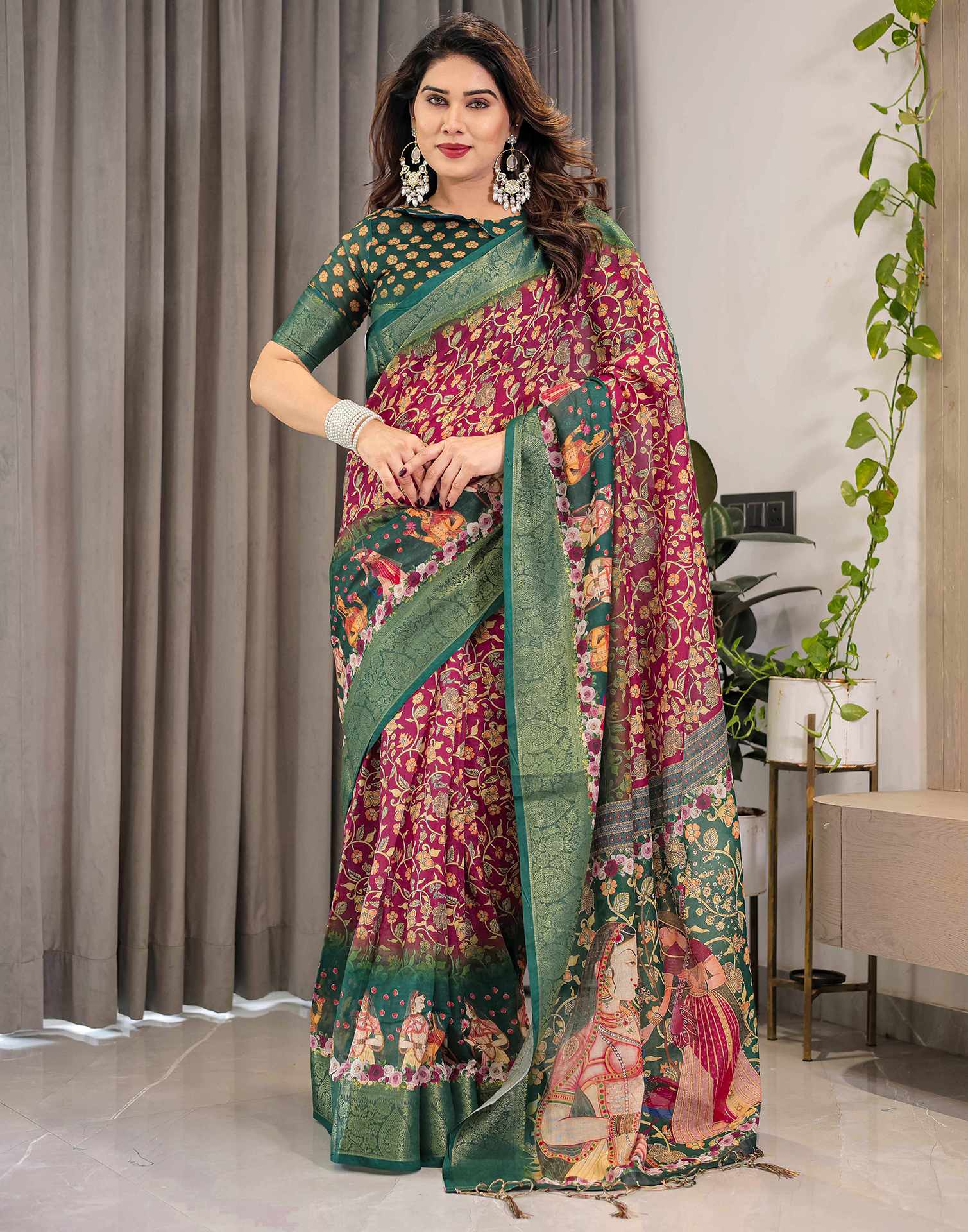 Red Linen Printed Saree