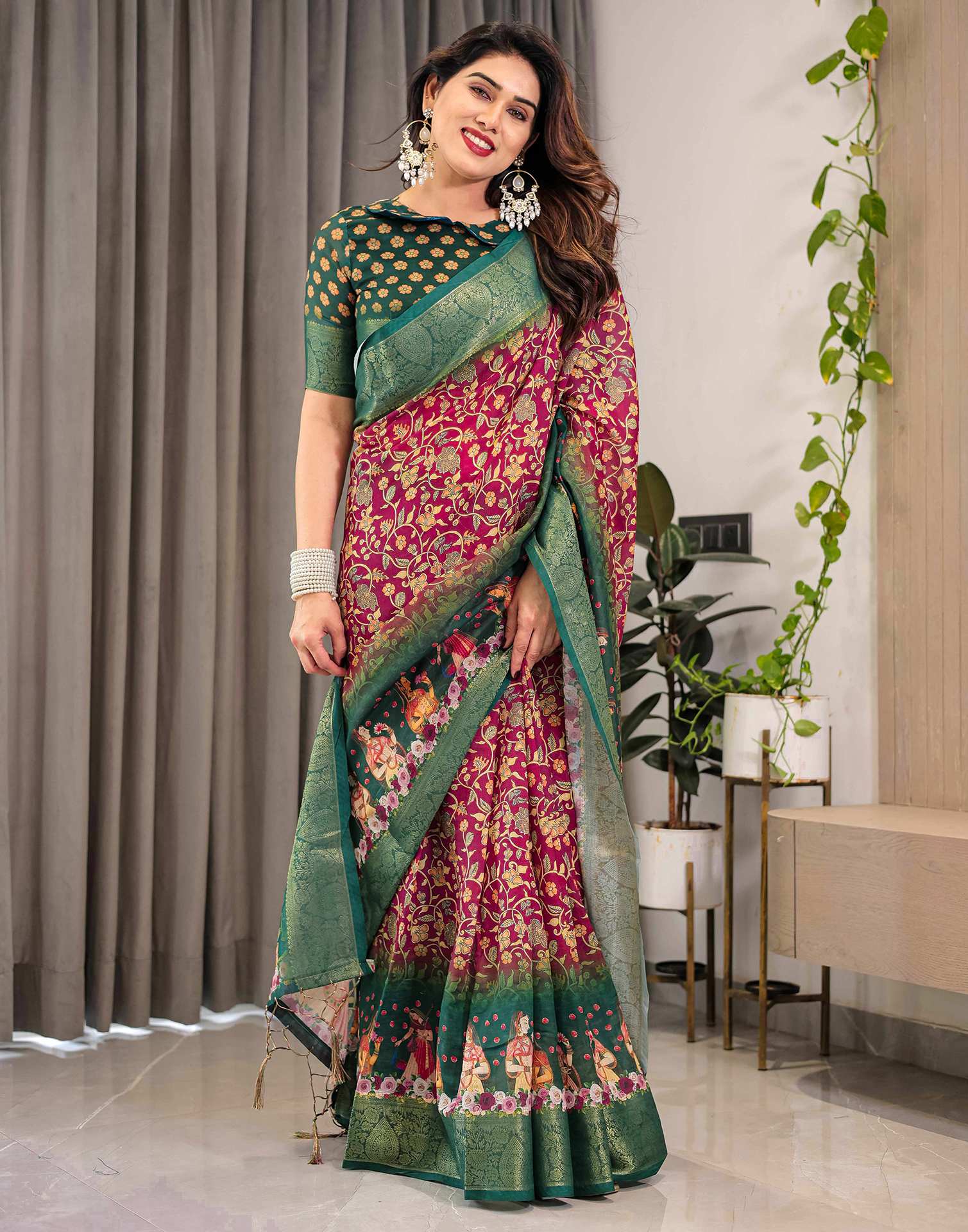 Red Linen Printed Saree