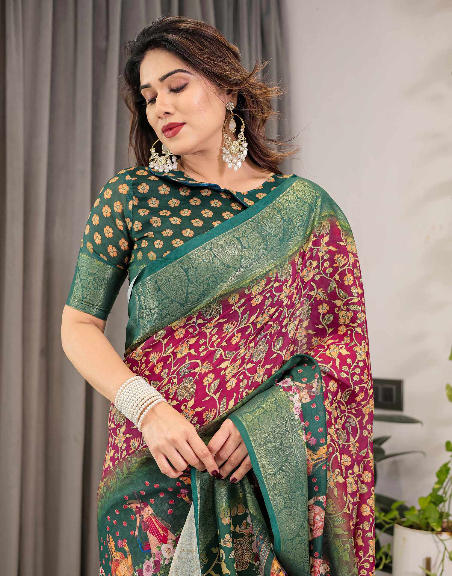 Red Linen Printed Saree