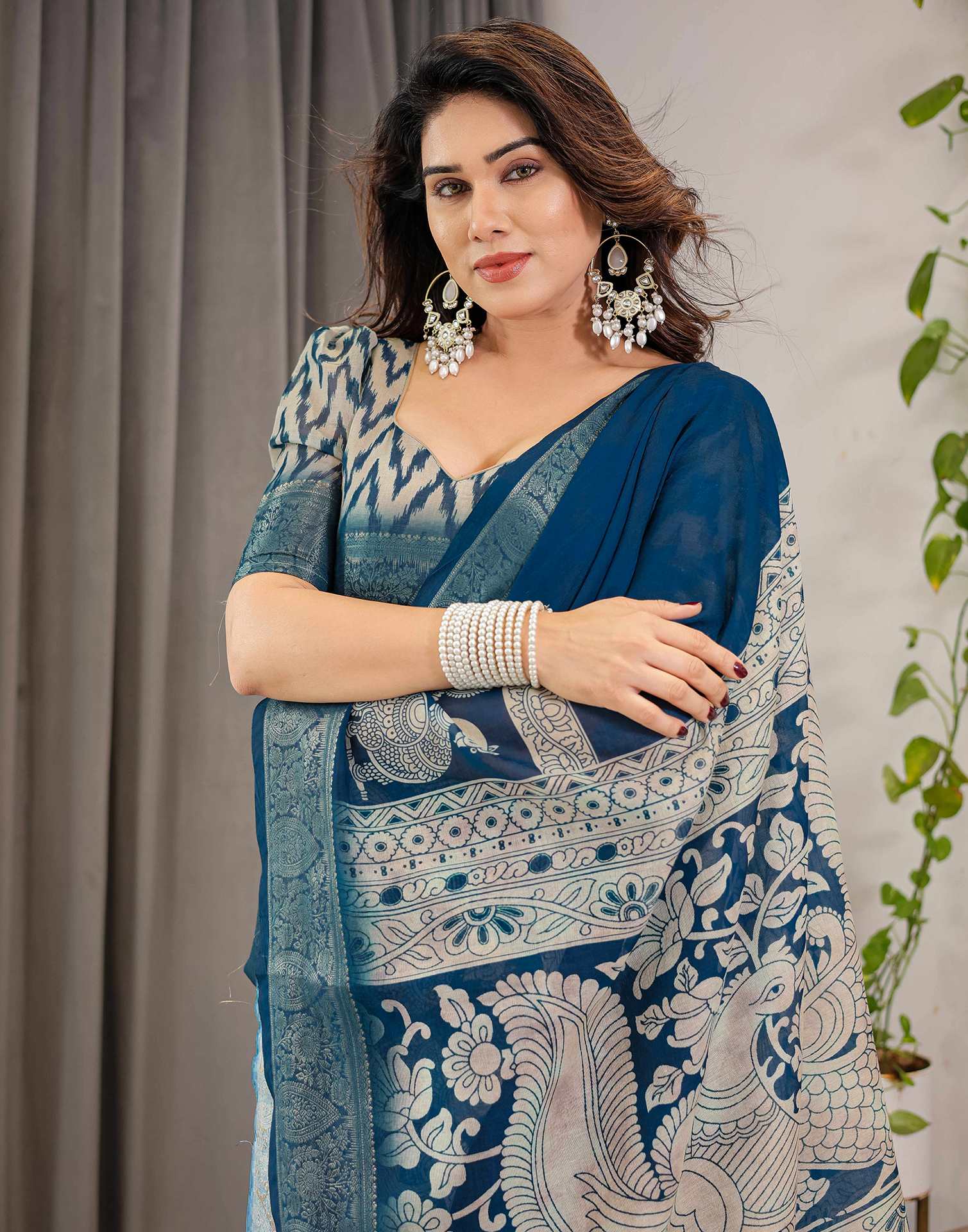 Blue Linen Printed Saree