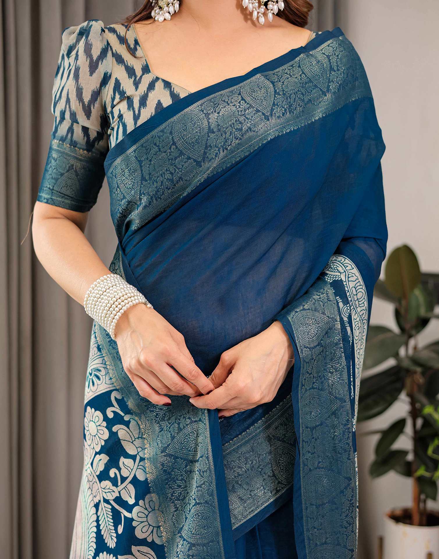 Blue Linen Printed Saree