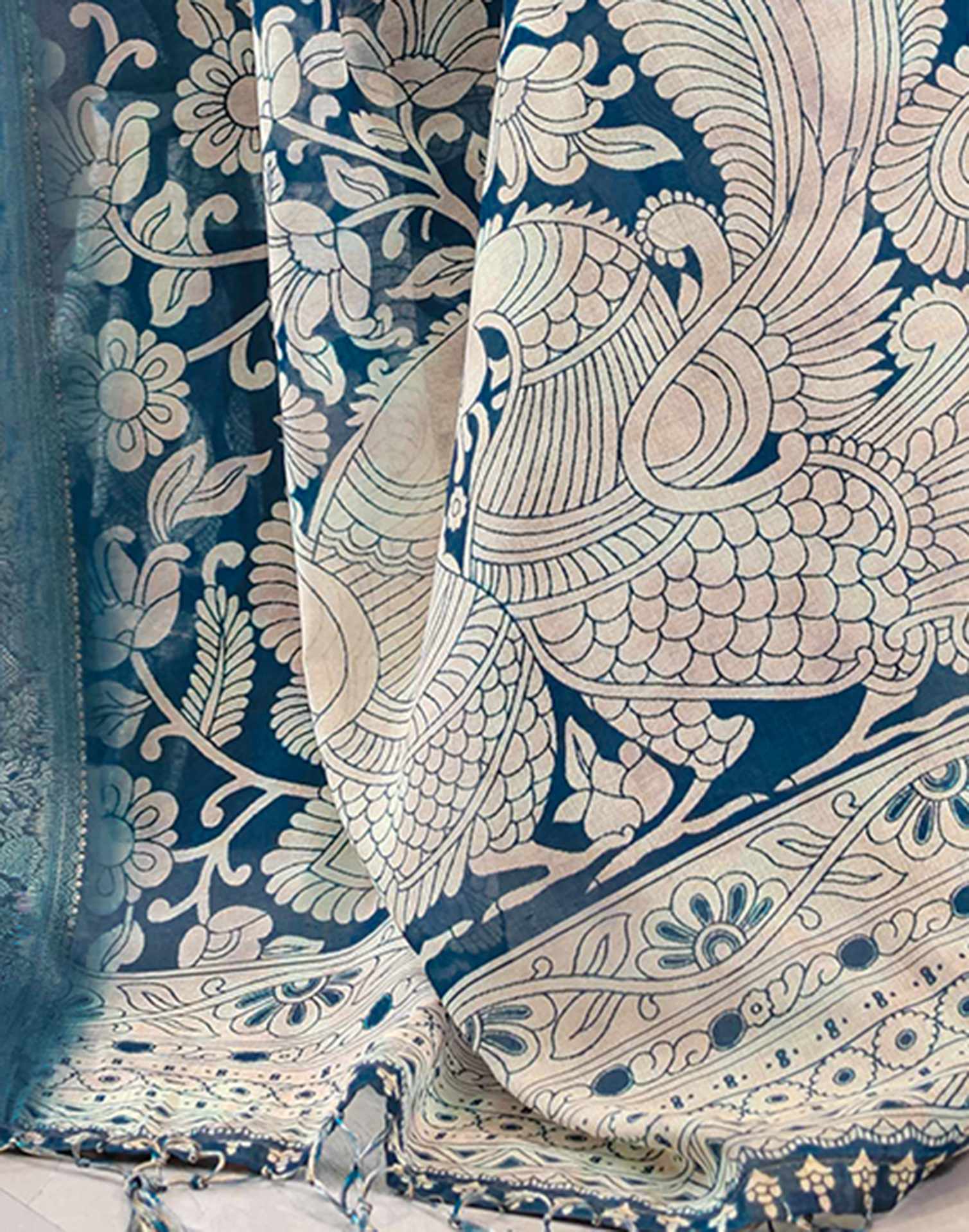 Blue Linen Printed Saree