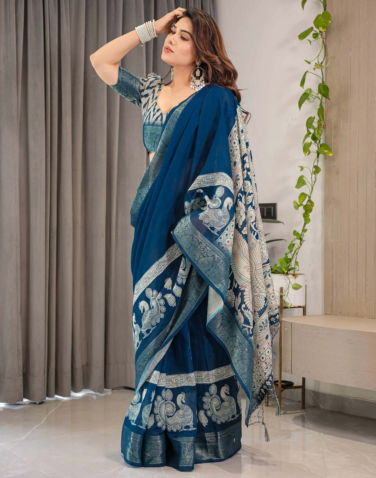 Blue Linen Printed Saree