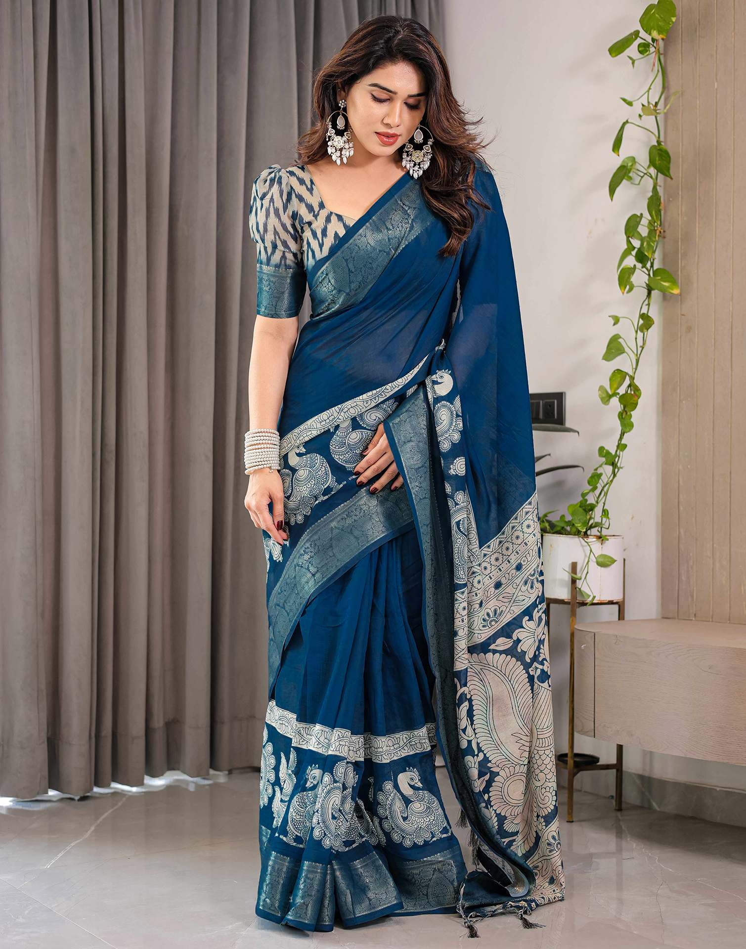 Blue Linen Printed Saree