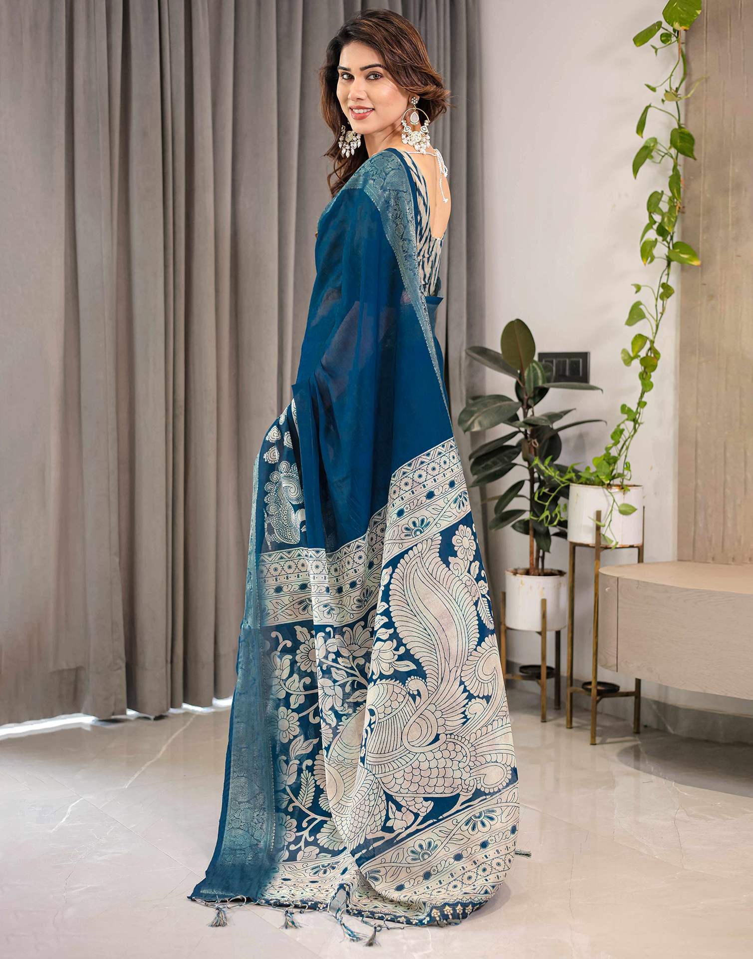 Blue Linen Printed Saree