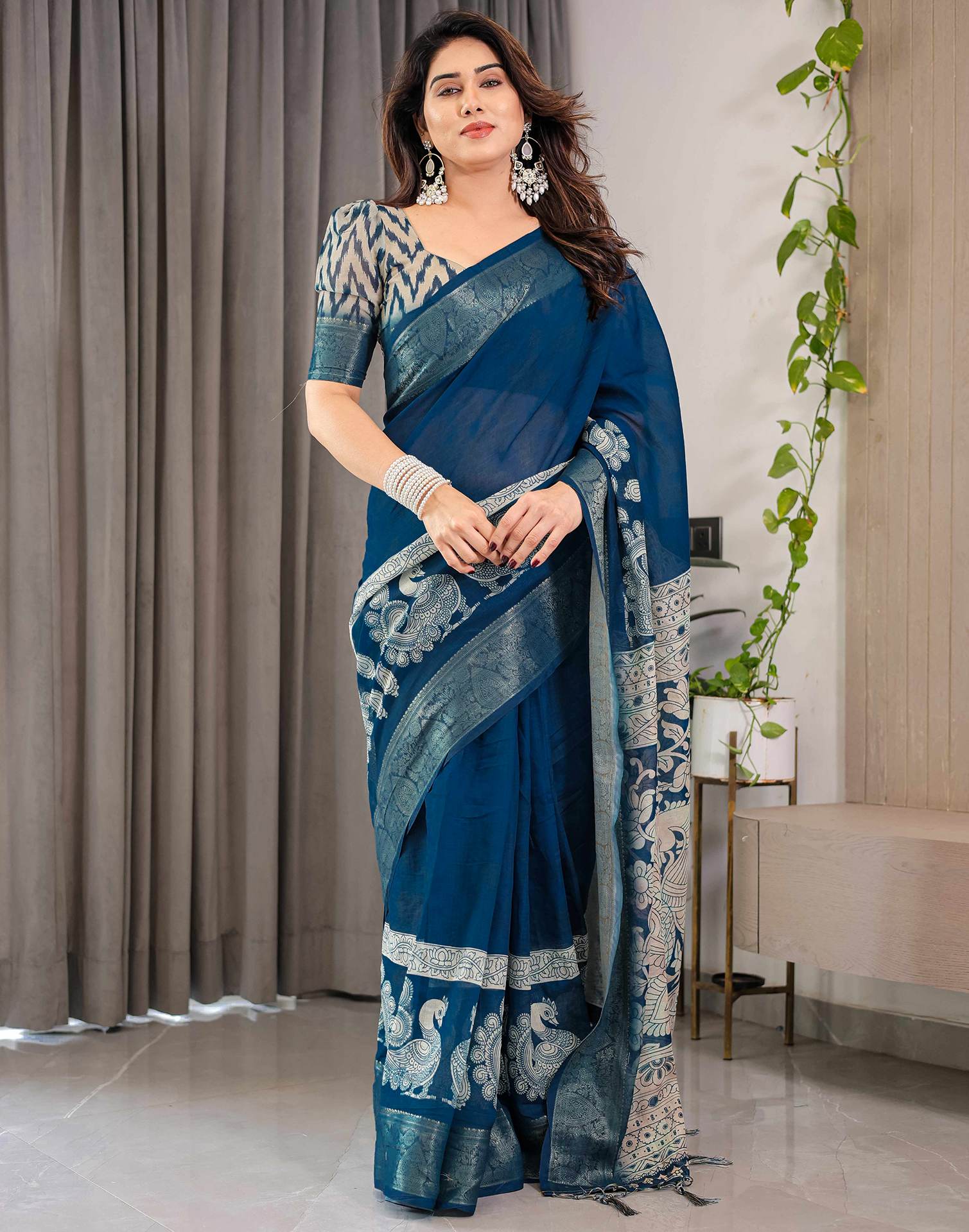 Blue Linen Printed Saree