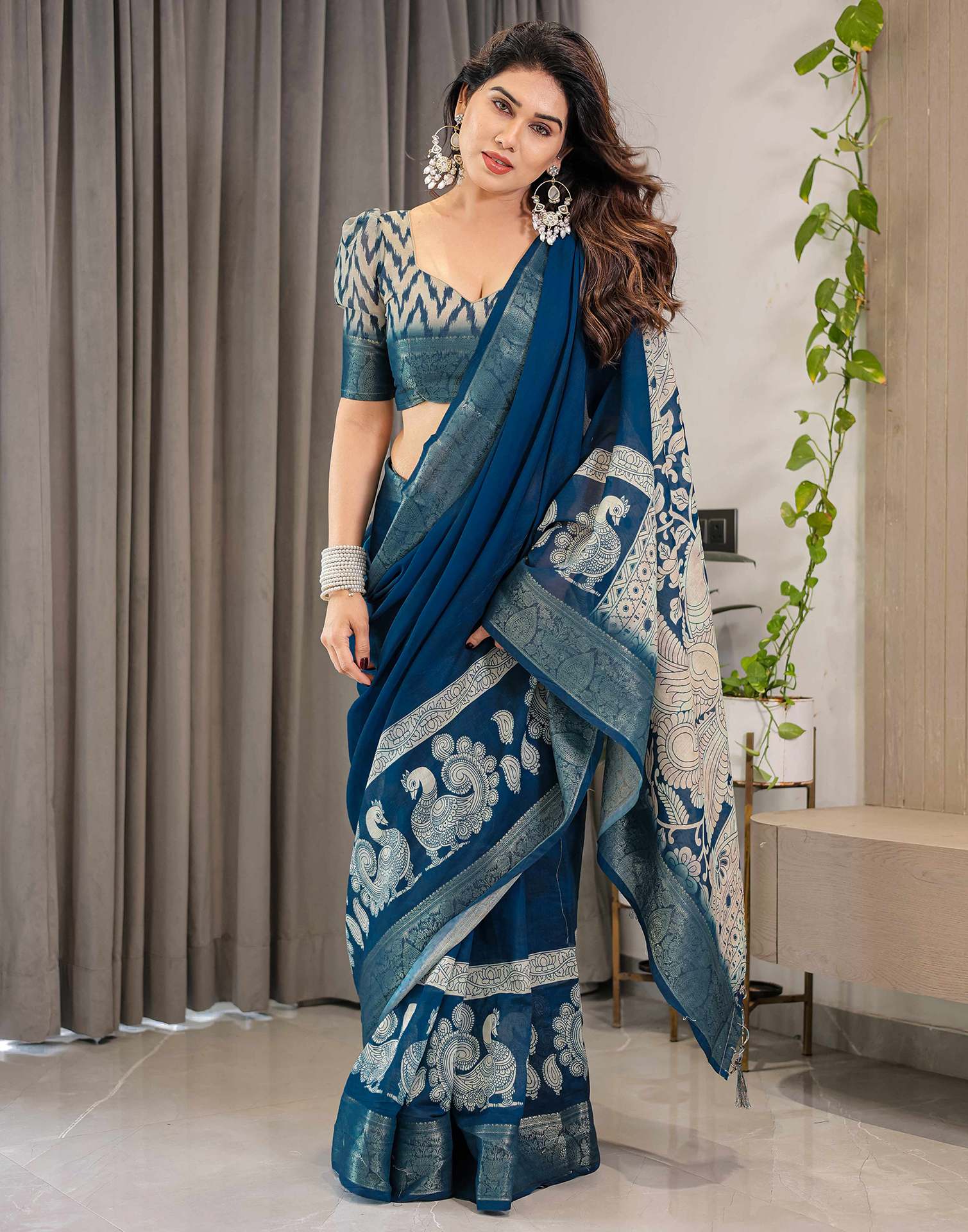 Blue Linen Printed Saree