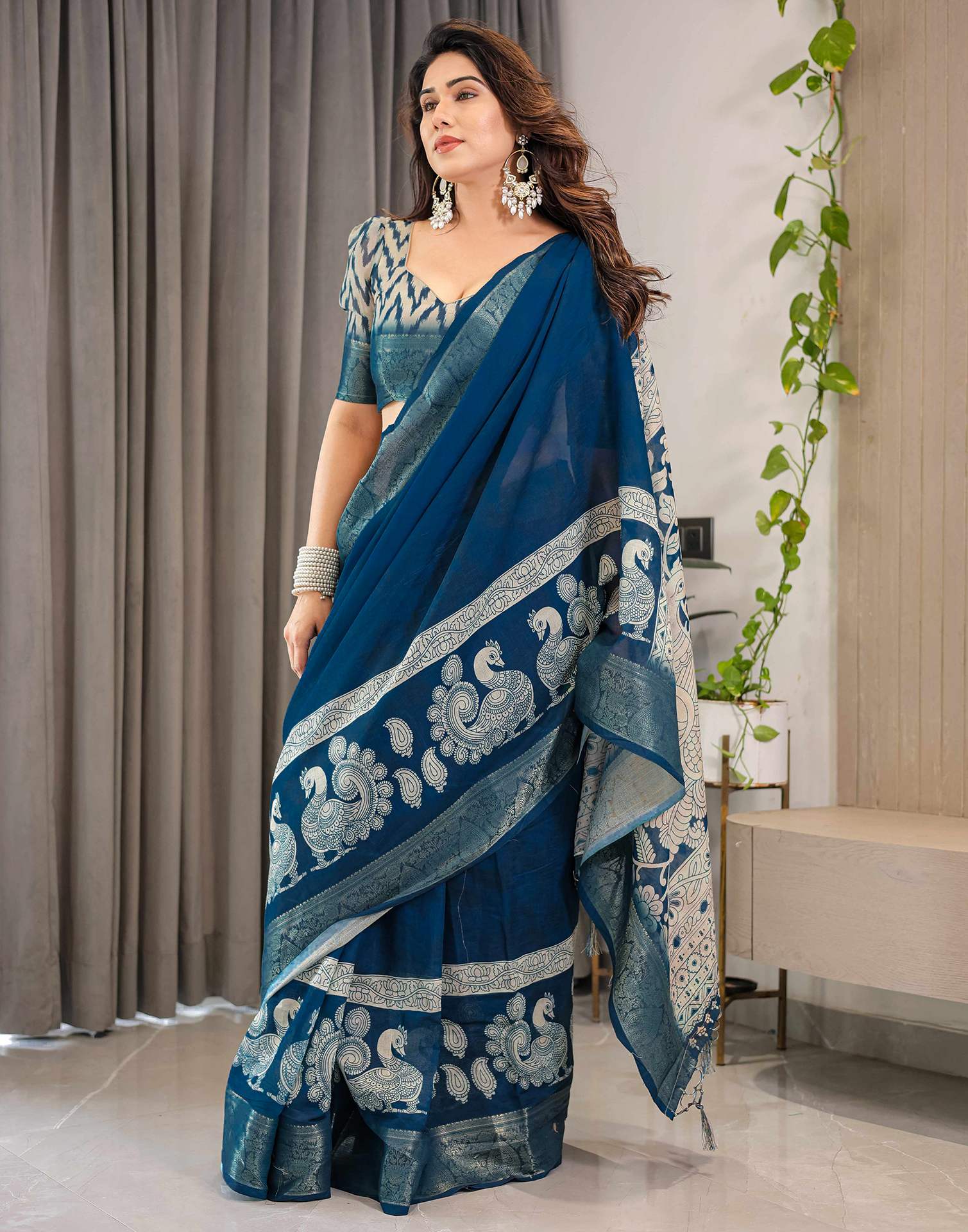 Blue Linen Printed Saree