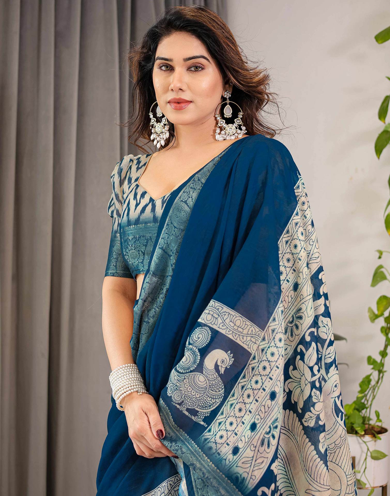 Blue Linen Printed Saree