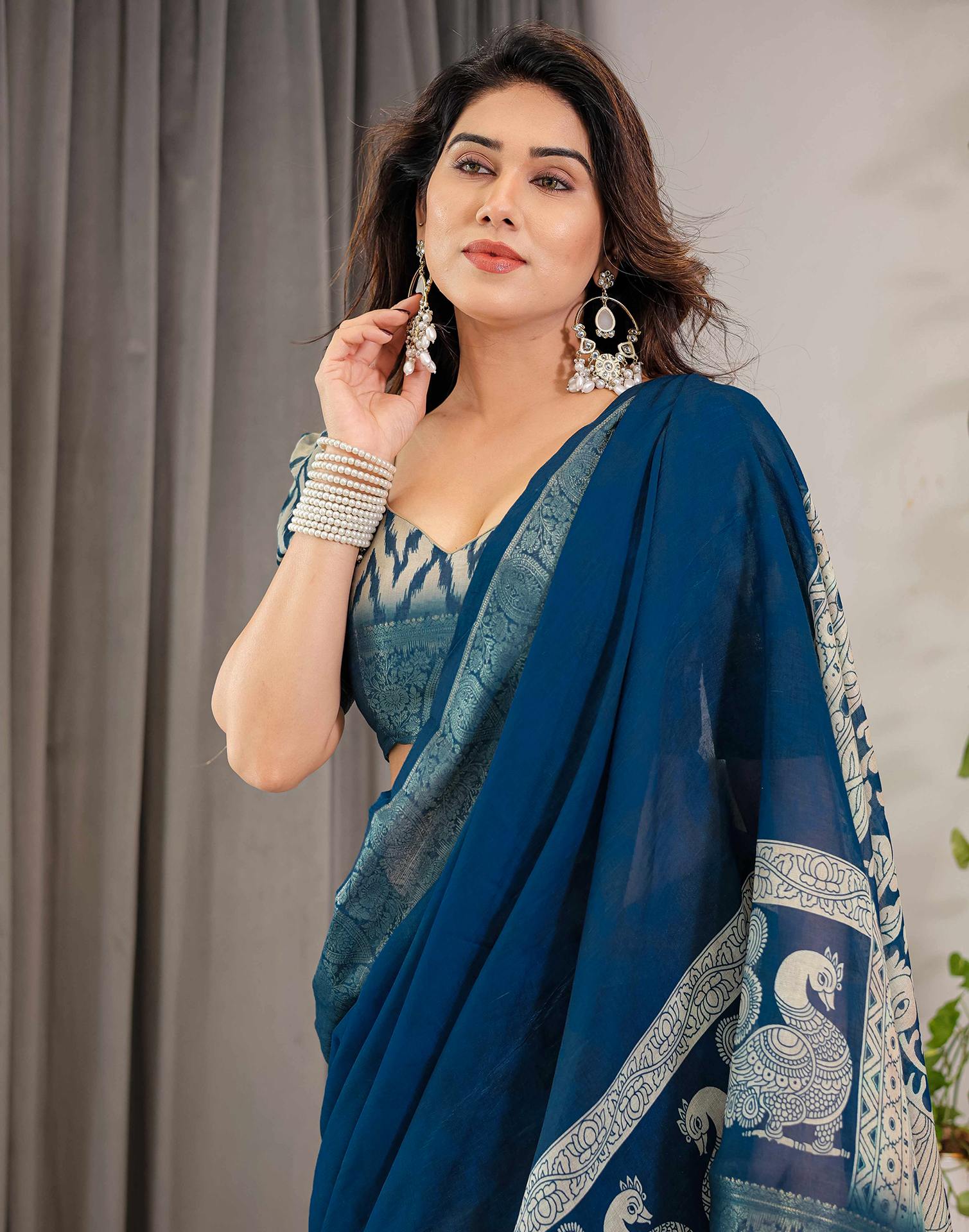 Blue Linen Printed Saree