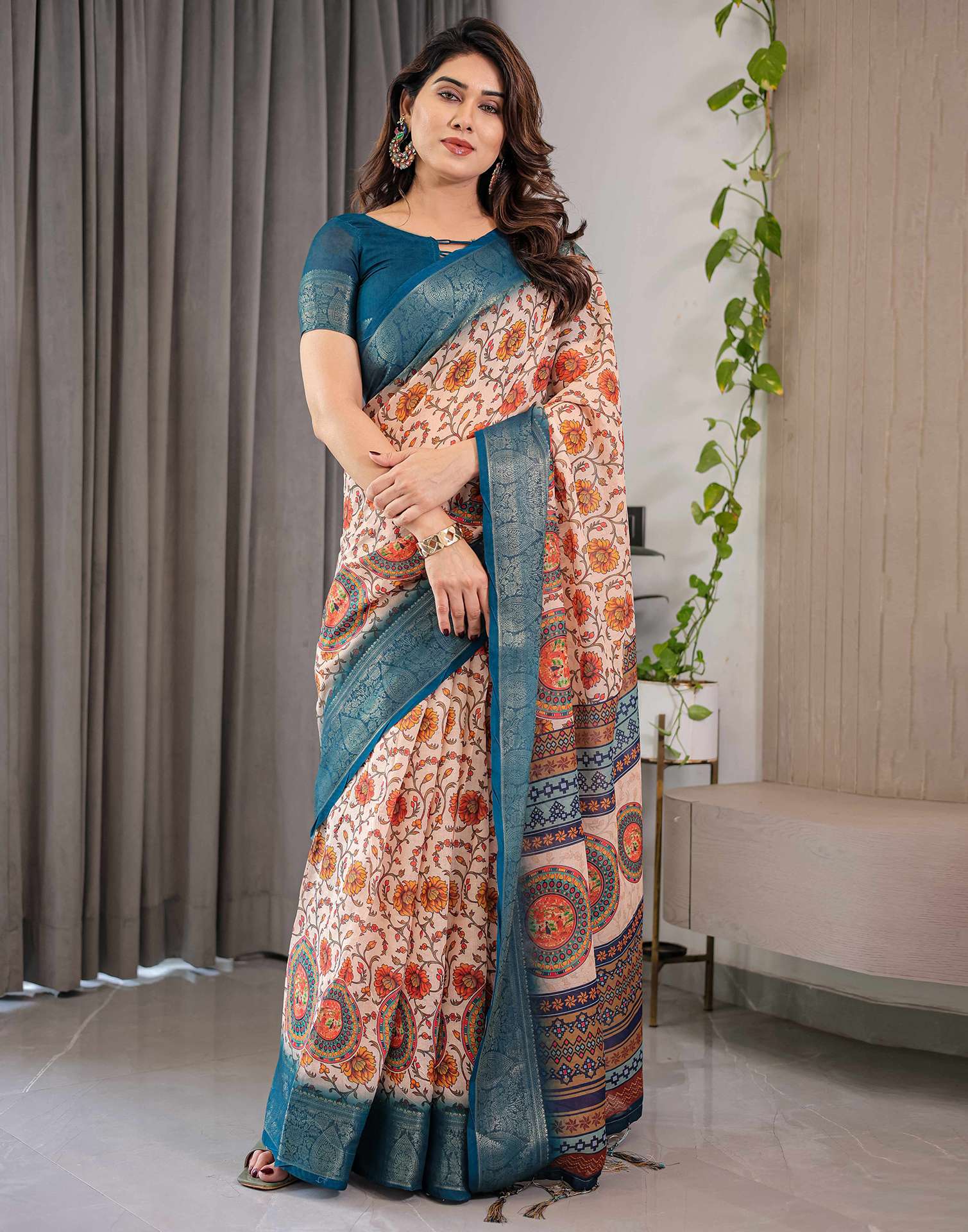 Light Peach Linen Printed Saree